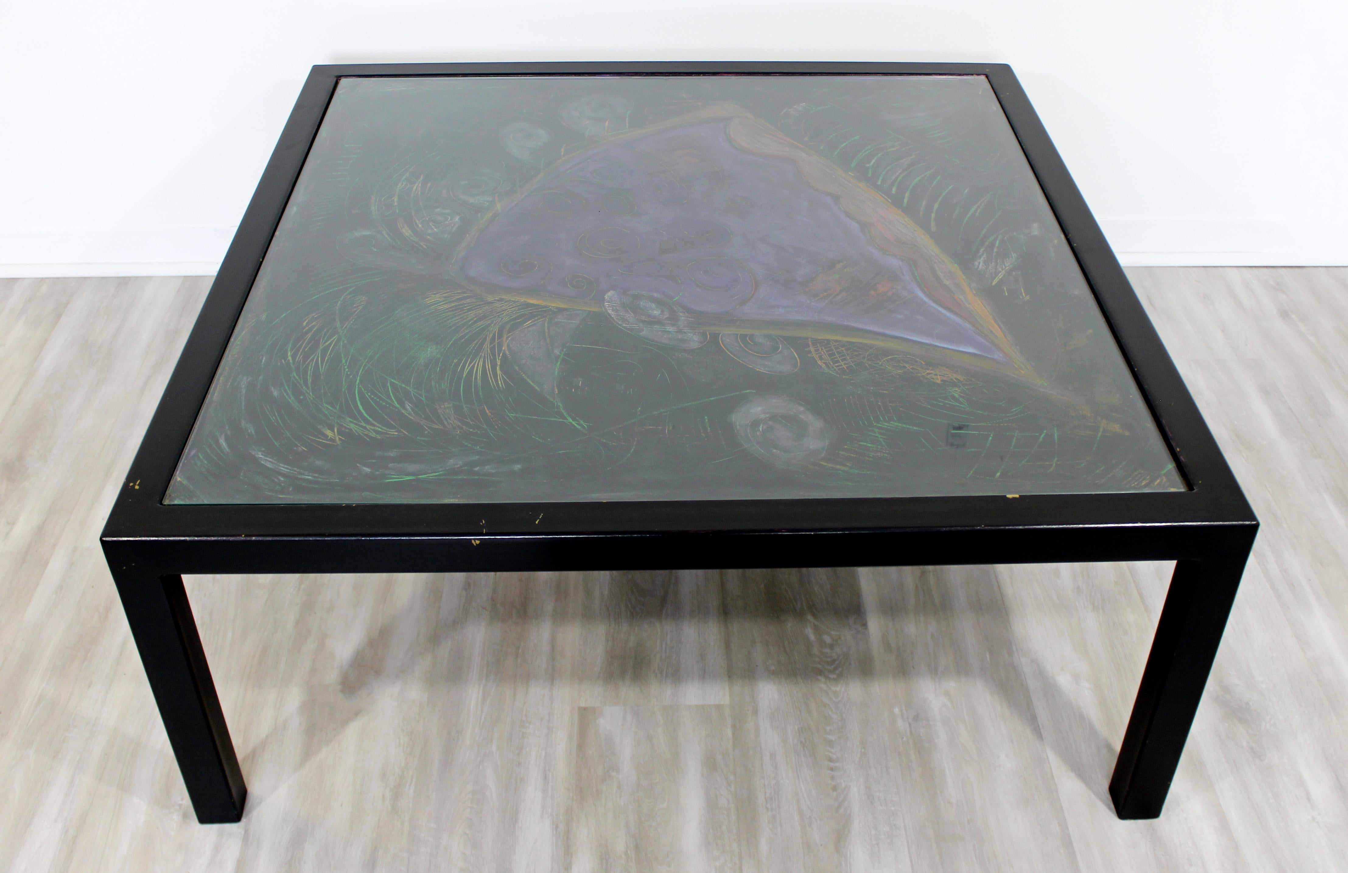 Contemporary Large Square Black Pastel & Glass Coffee Table Artist Lois Teicher In Good Condition In Keego Harbor, MI