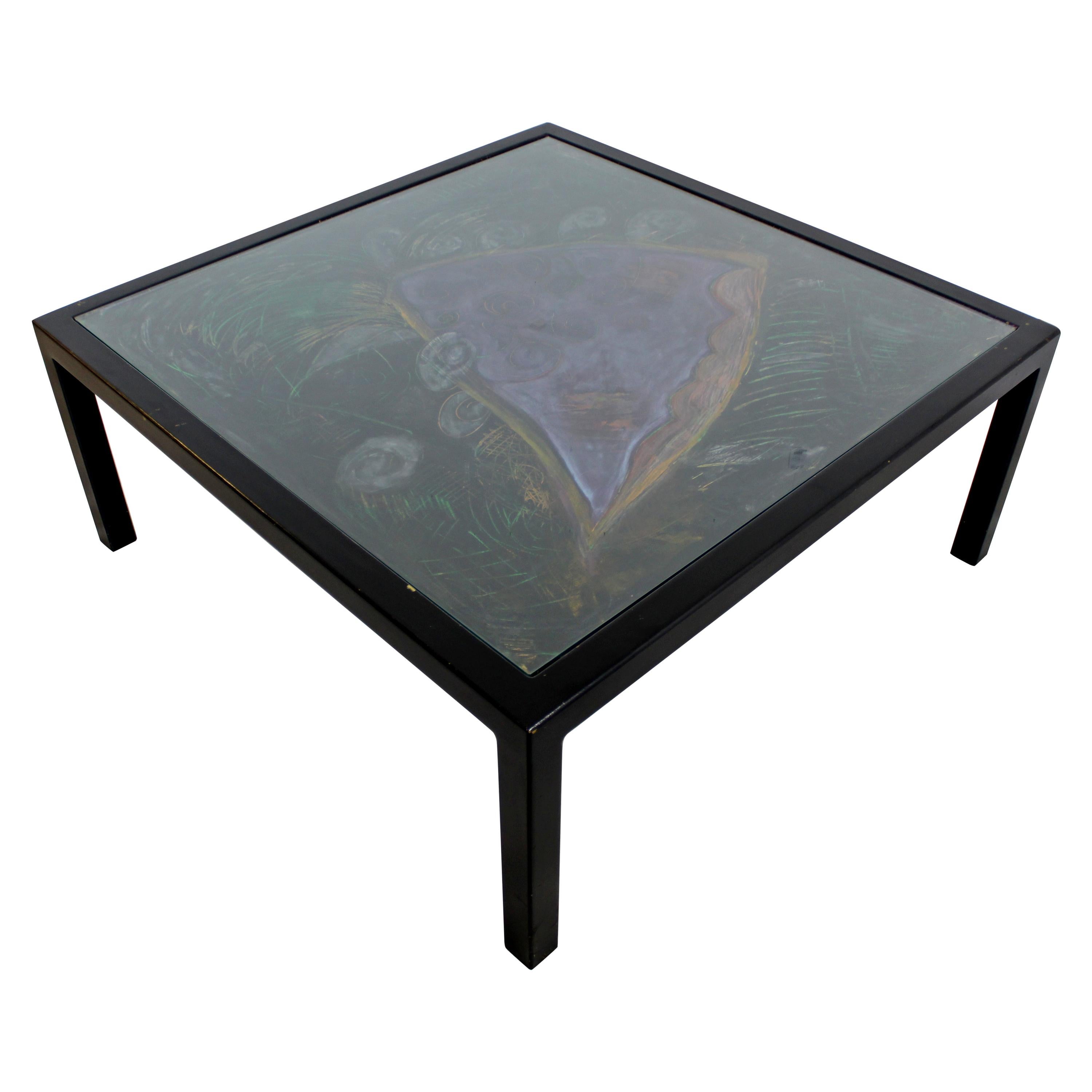 Contemporary Large Square Black Pastel & Glass Coffee Table Artist Lois Teicher