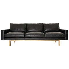 Contemporary Large Standard Sofa in Black Leather with Brass Base