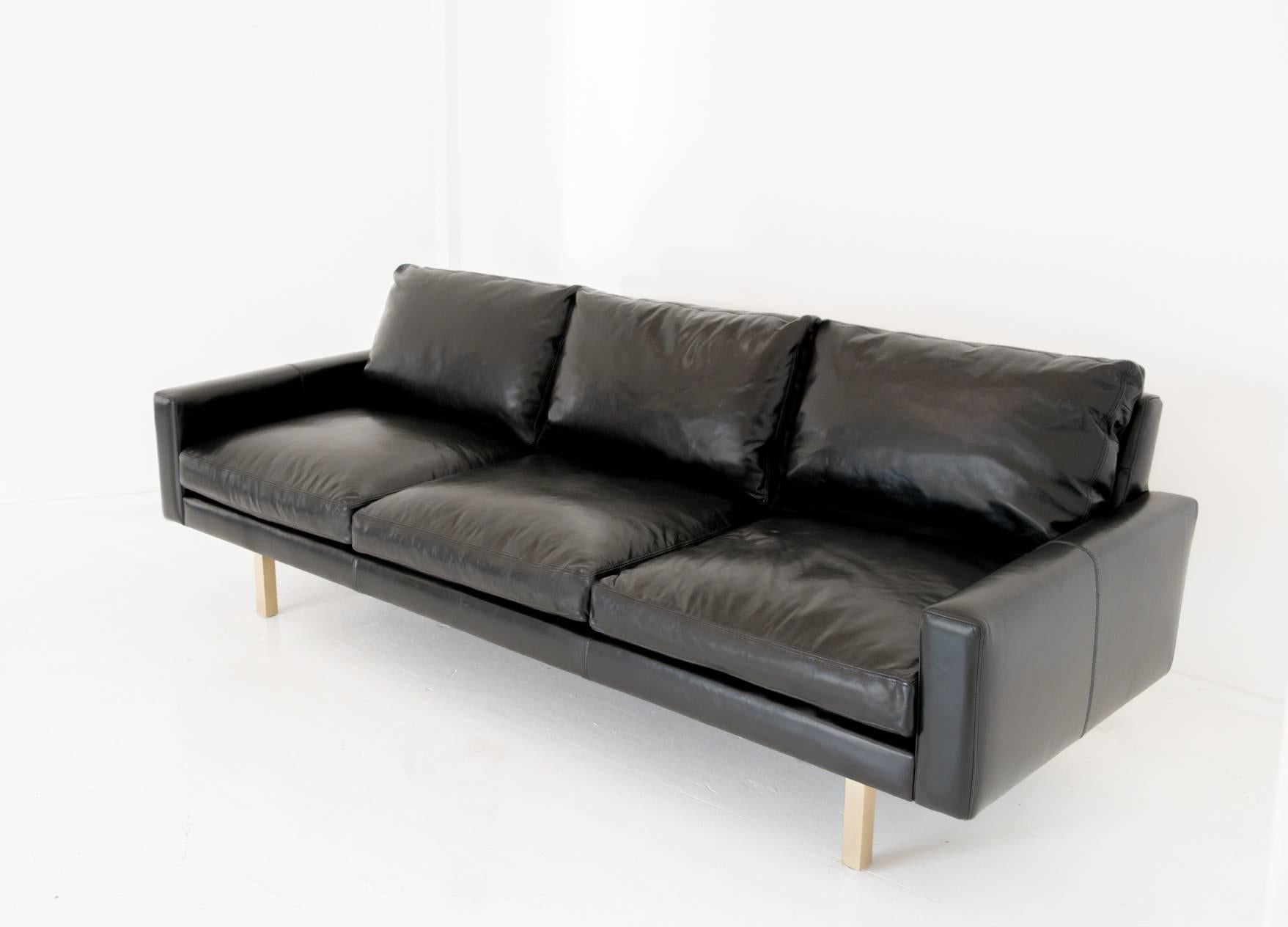 American Contemporary Large Standard Sofa in Caramel Leather with Walnut Base For Sale