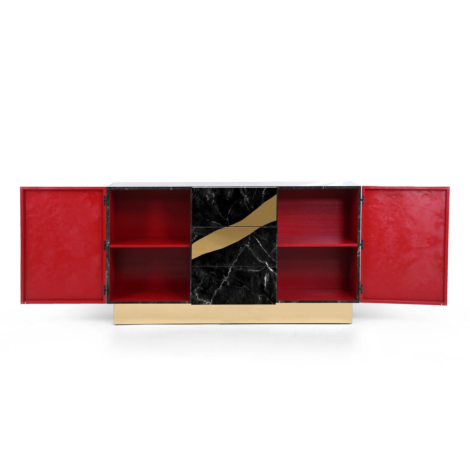 Contemporary Black Marble Sideboard with Brass Accents For Sale 4