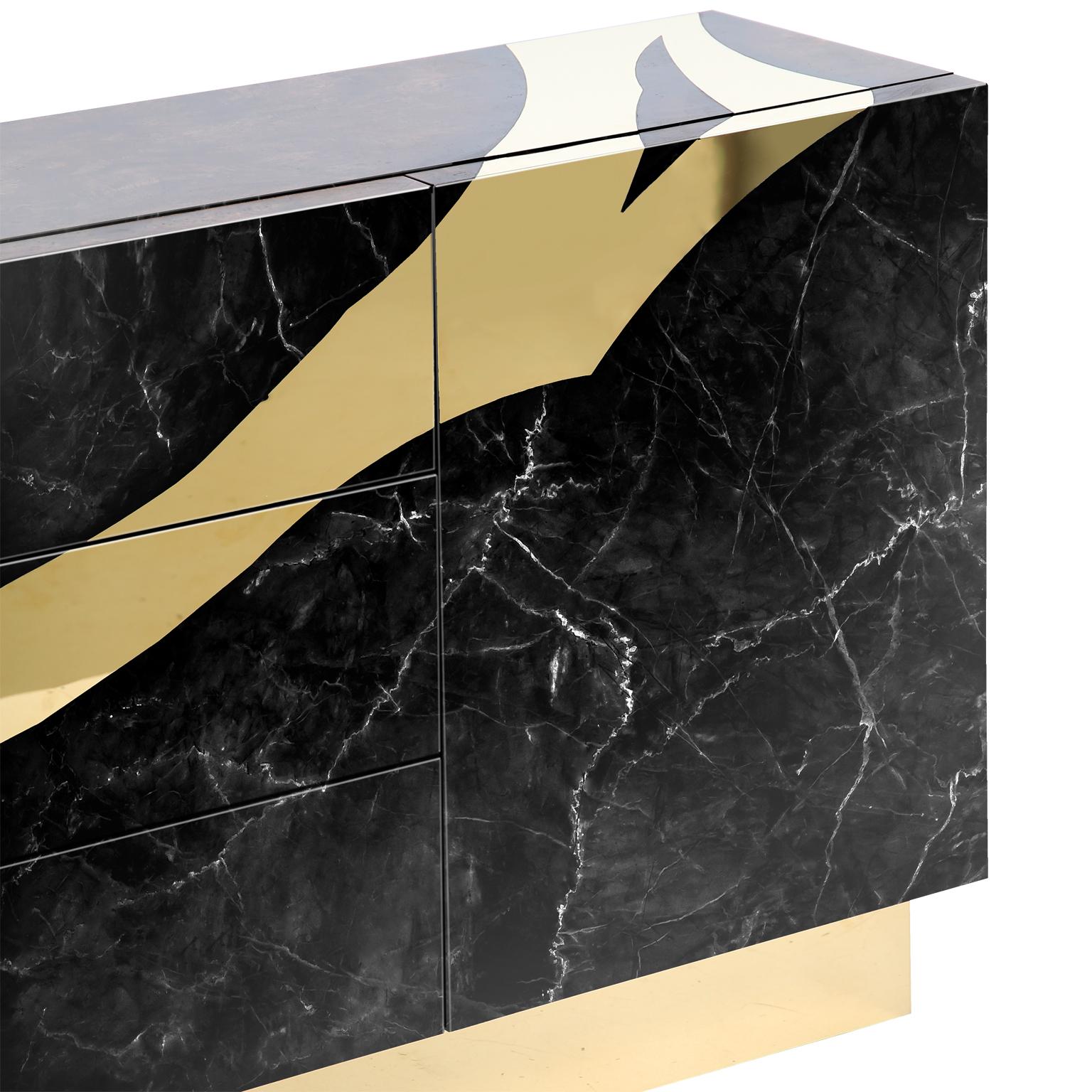 Contemporary Black Marble Sideboard with Brass Accents For Sale 5