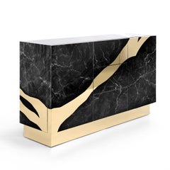 Contemporary Black Marble Sideboard with Brass Accents