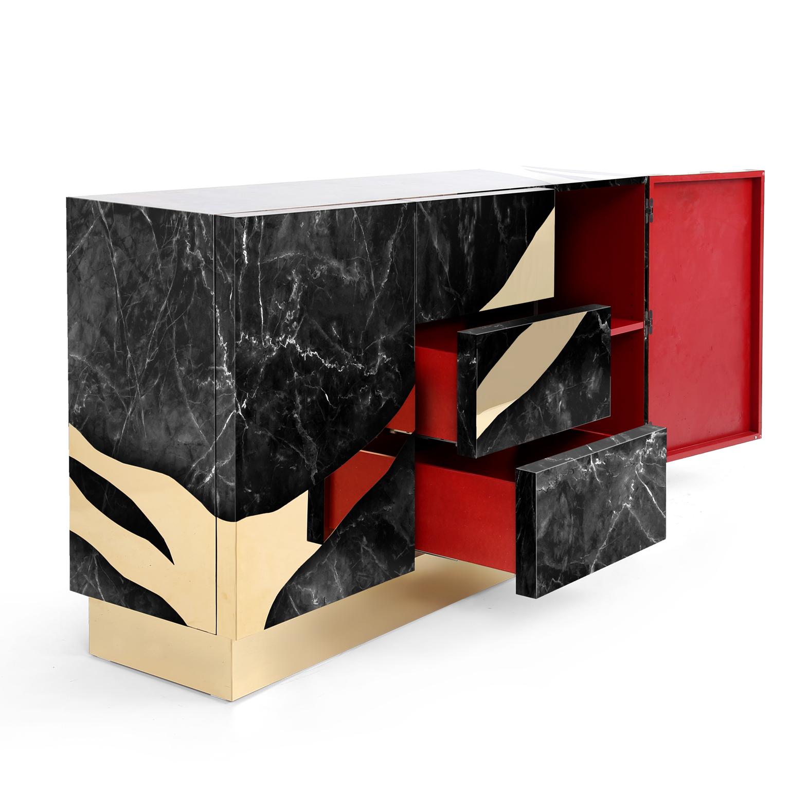 Modern Contemporary Black Marble Sideboard with Brass Accents For Sale