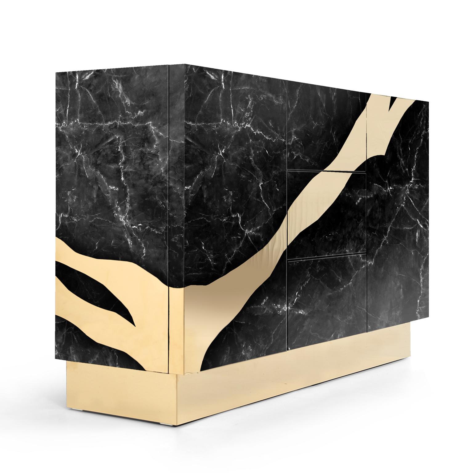 European Contemporary Black Marble Sideboard with Brass Accents For Sale