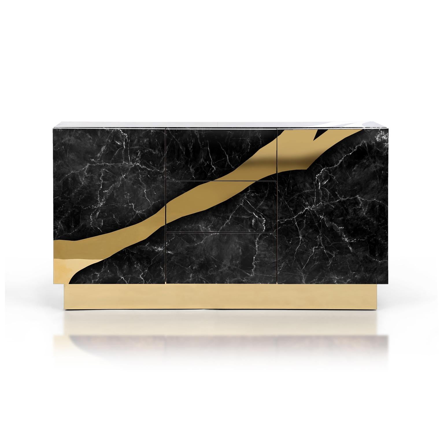 Contemporary Black Marble Sideboard with Brass Accents For Sale 2