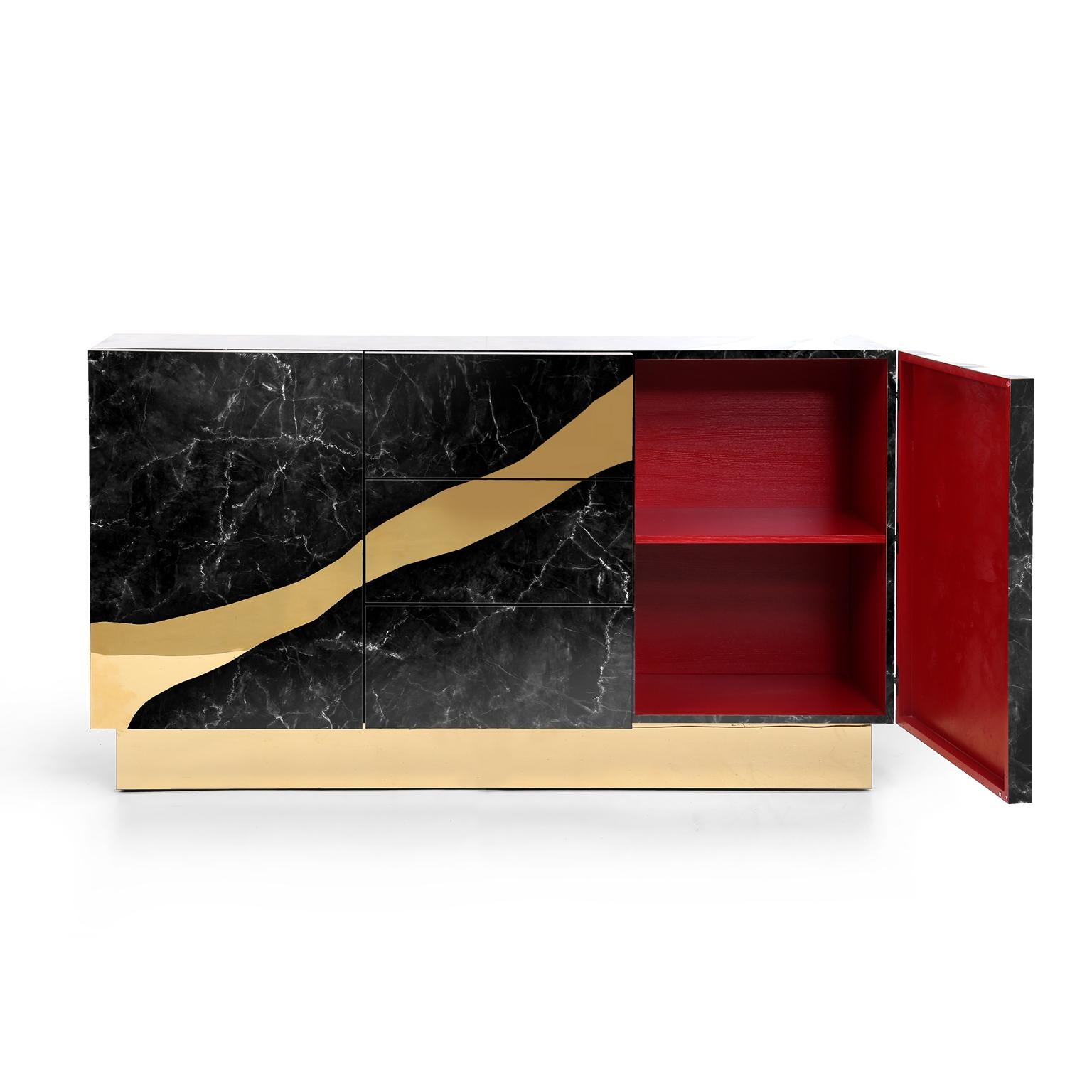 Contemporary Black Marble Sideboard with Brass Accents For Sale 3