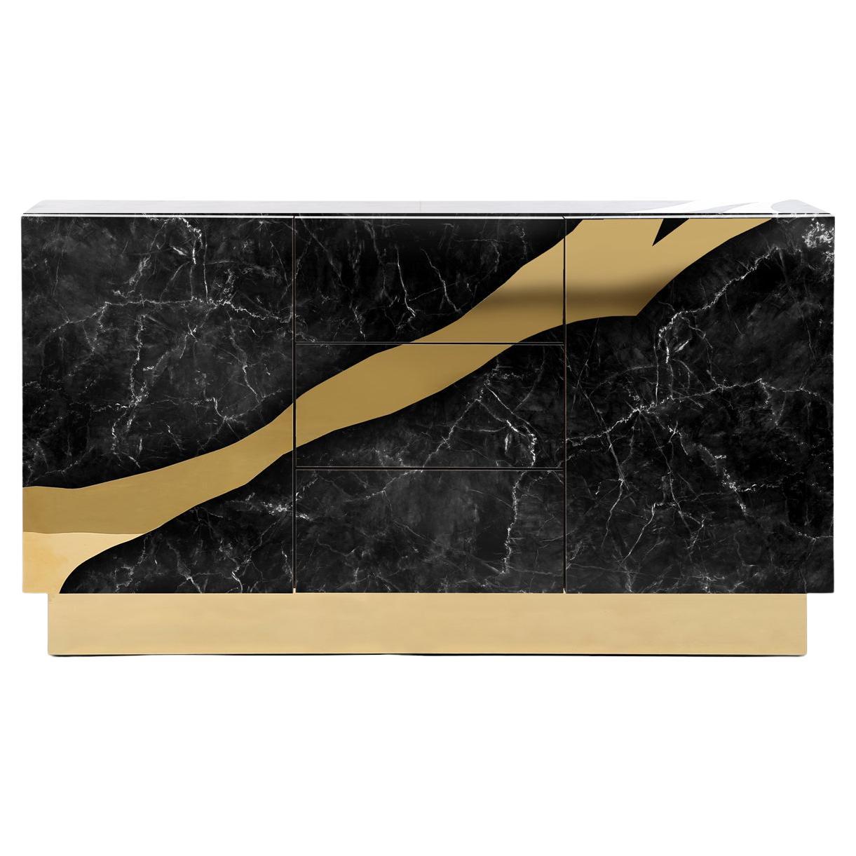 Contemporary Black Marble Sideboard with Brass Accents