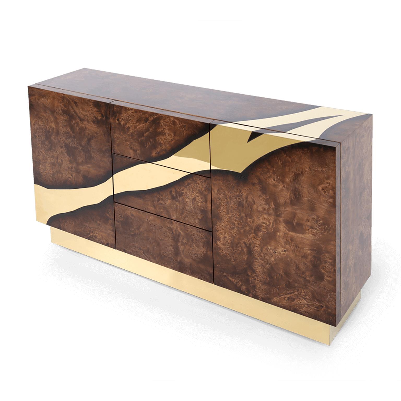 Modern Contemporary Large Storage Wooden Sideboard with Brass Accents For Sale