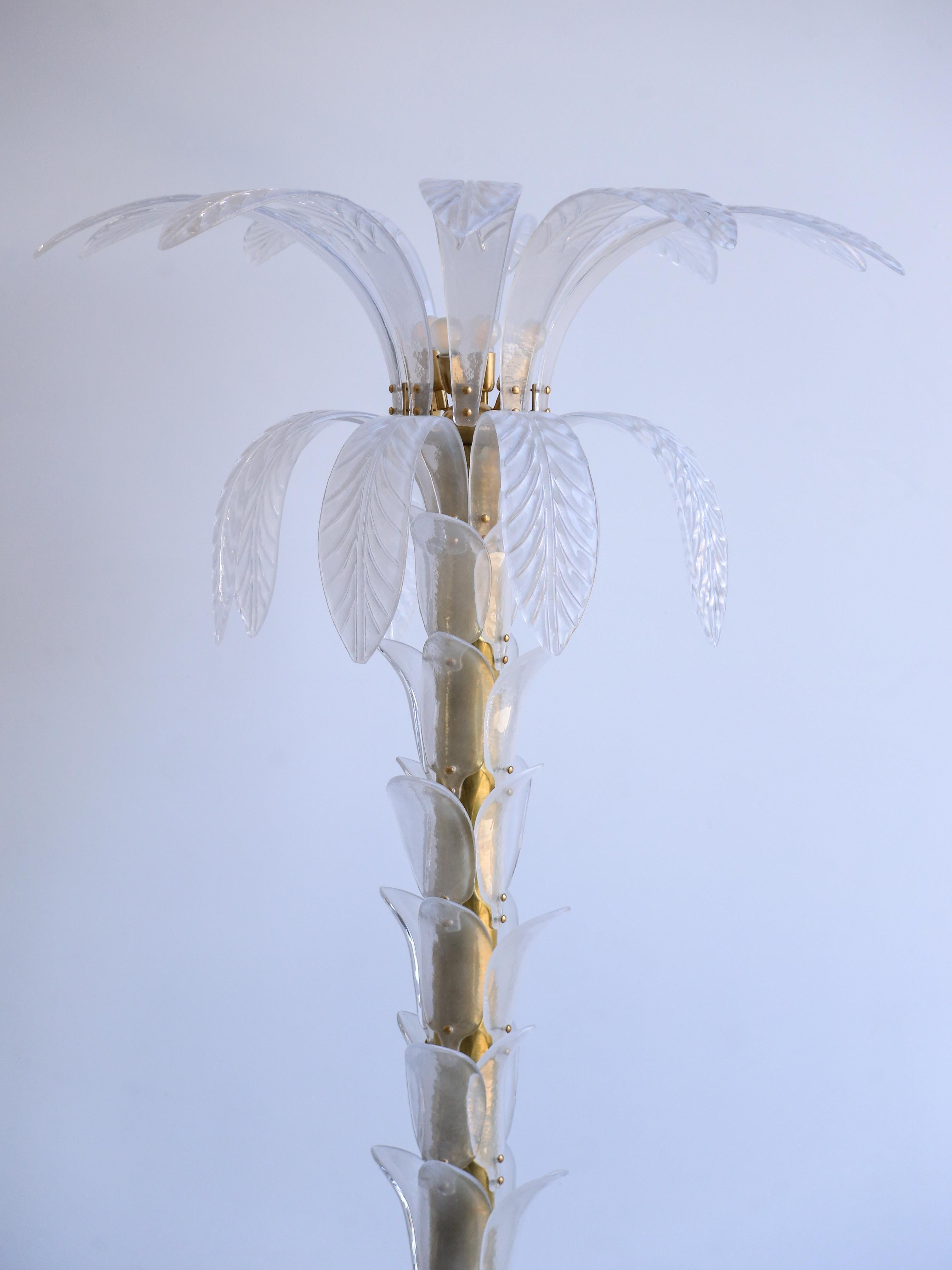Contemporary Large White Murano Glass & Brass Floor Palm Lamp For Sale 8