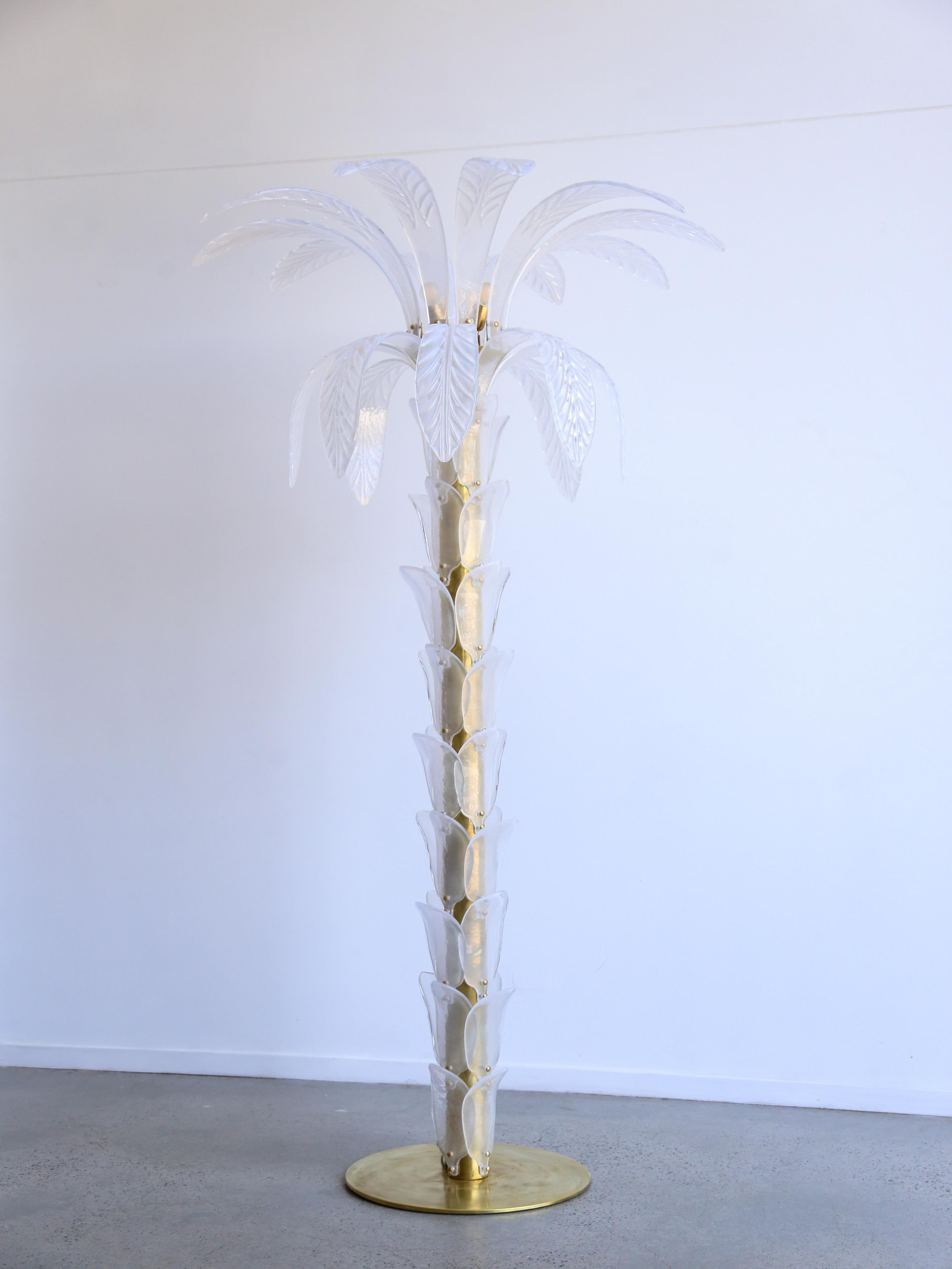 Mid-Century Modern Contemporary Large White Murano Glass & Brass Floor Palm Lamp For Sale