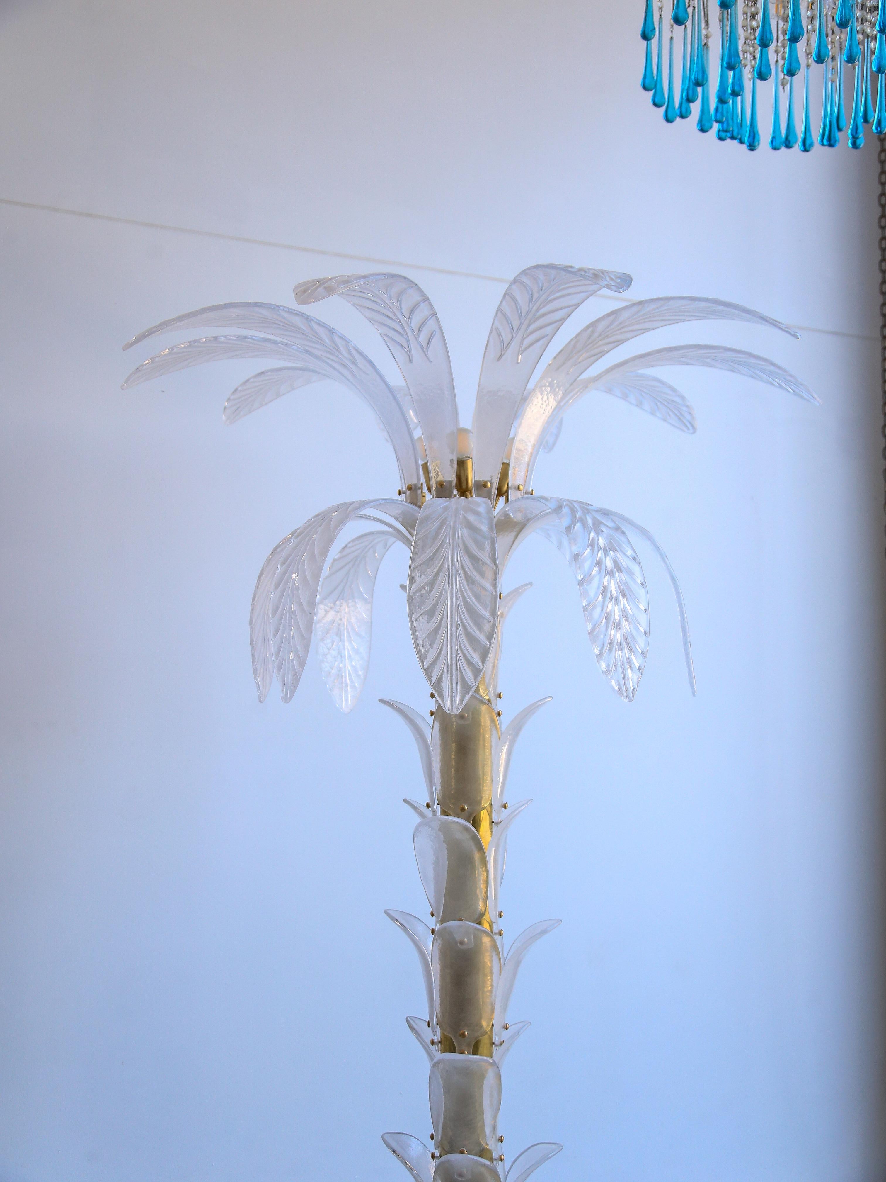 Italian Contemporary Large White Murano Glass & Brass Floor Palm Lamp For Sale