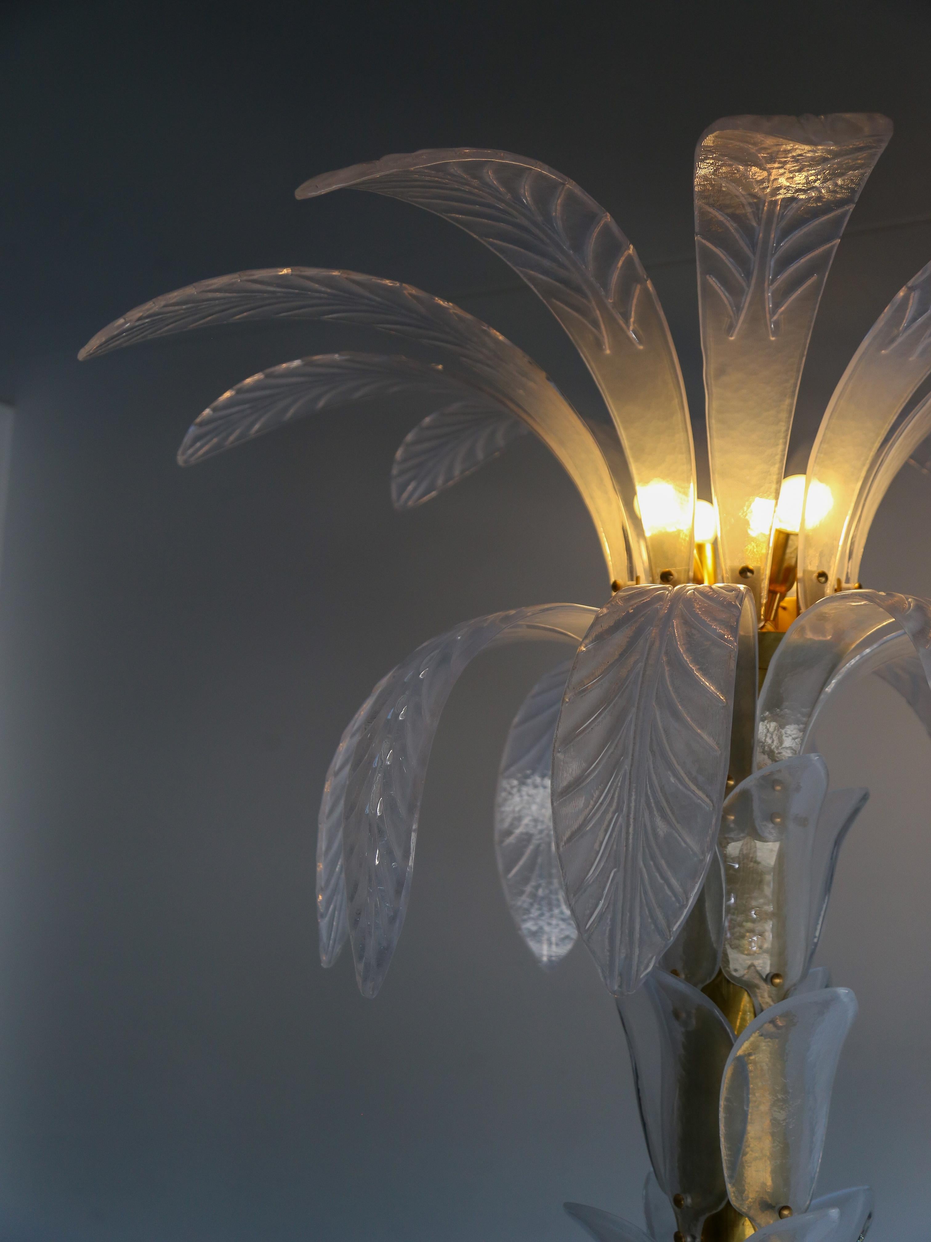 Contemporary Large White Murano Glass & Brass Floor Palm Lamp For Sale 4