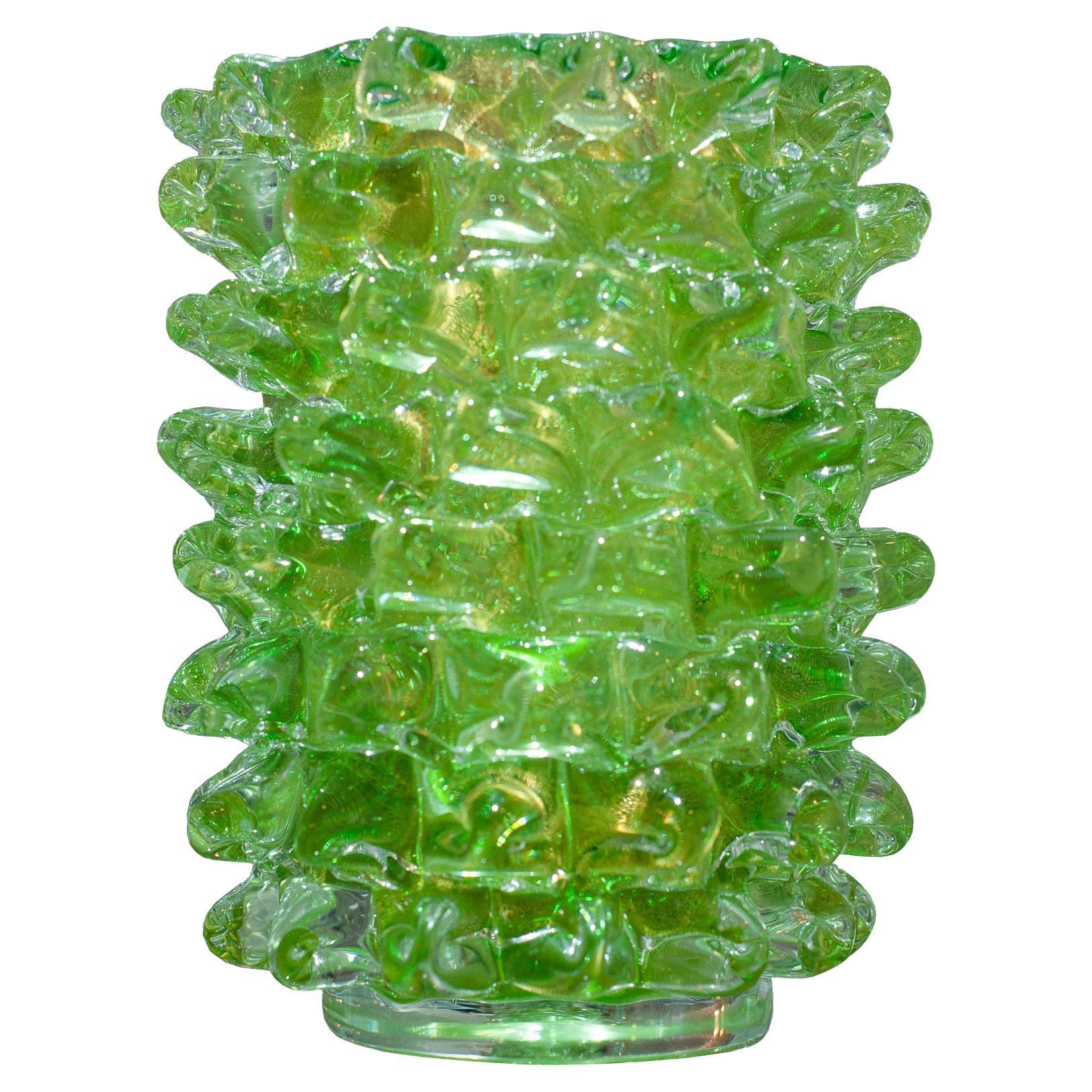 Contemporary Large Yellow Green and Gold "Rostrato" Murano Glass Vase For Sale
