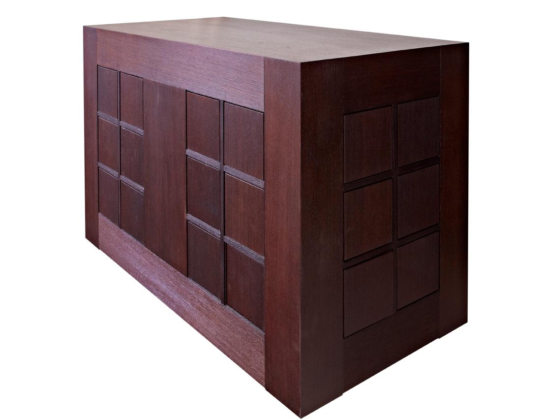 This multi drawers sculptural cube sideboard is a unique handcrafted piece made of veneered wenge wood with oiled finish. Made as a box with round shaped drawers that can be opened by pushing inside, while on the other side drawer comes out. Shaped