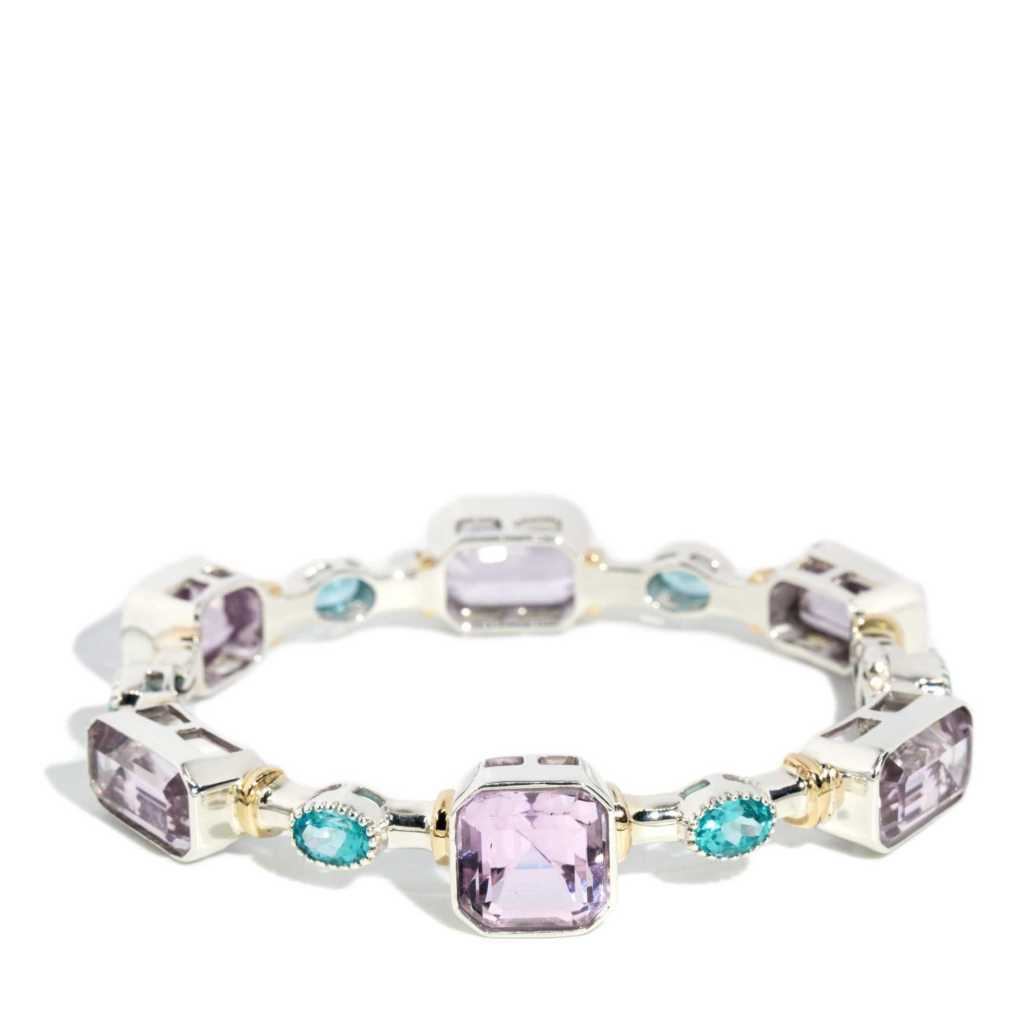 Emerald Cut Contemporary Lavender Kunzite & Aqua Apatite Bangle Sterling Silver For Sale