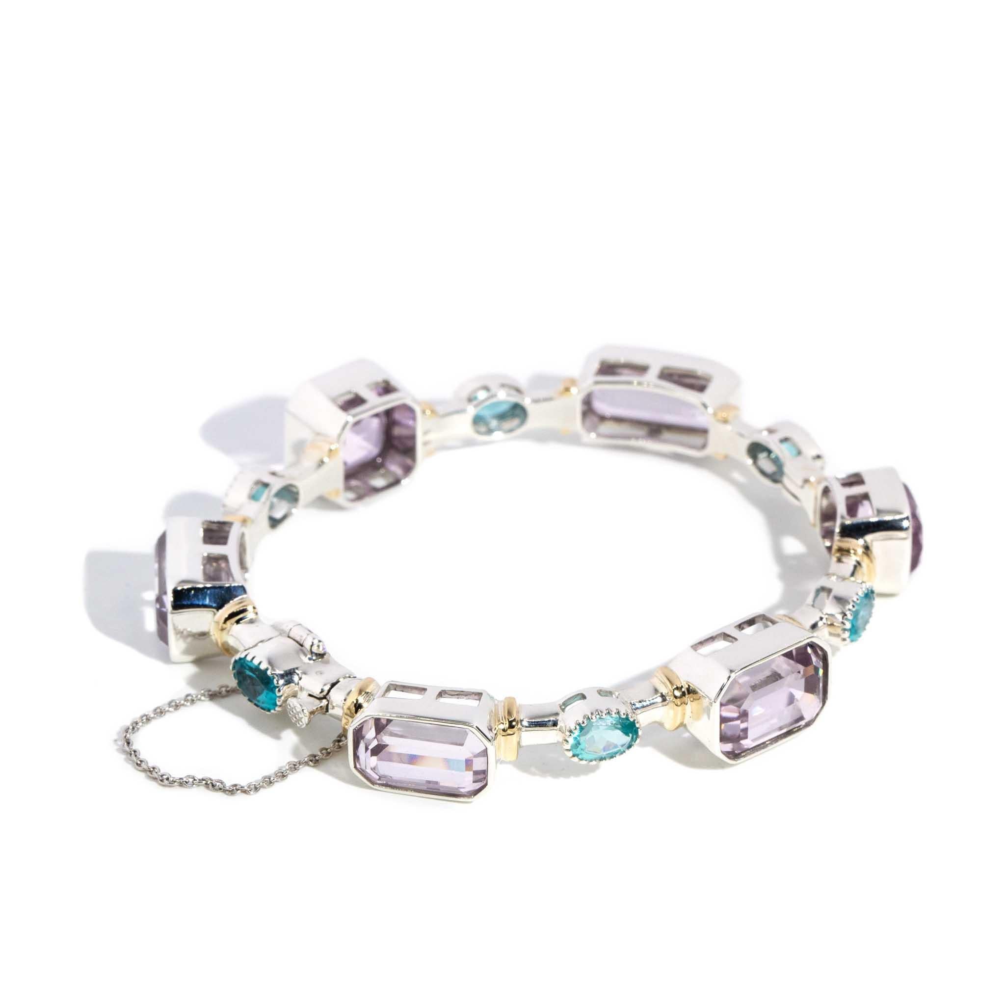 Women's Contemporary Lavender Kunzite & Aqua Apatite Bangle Sterling Silver For Sale