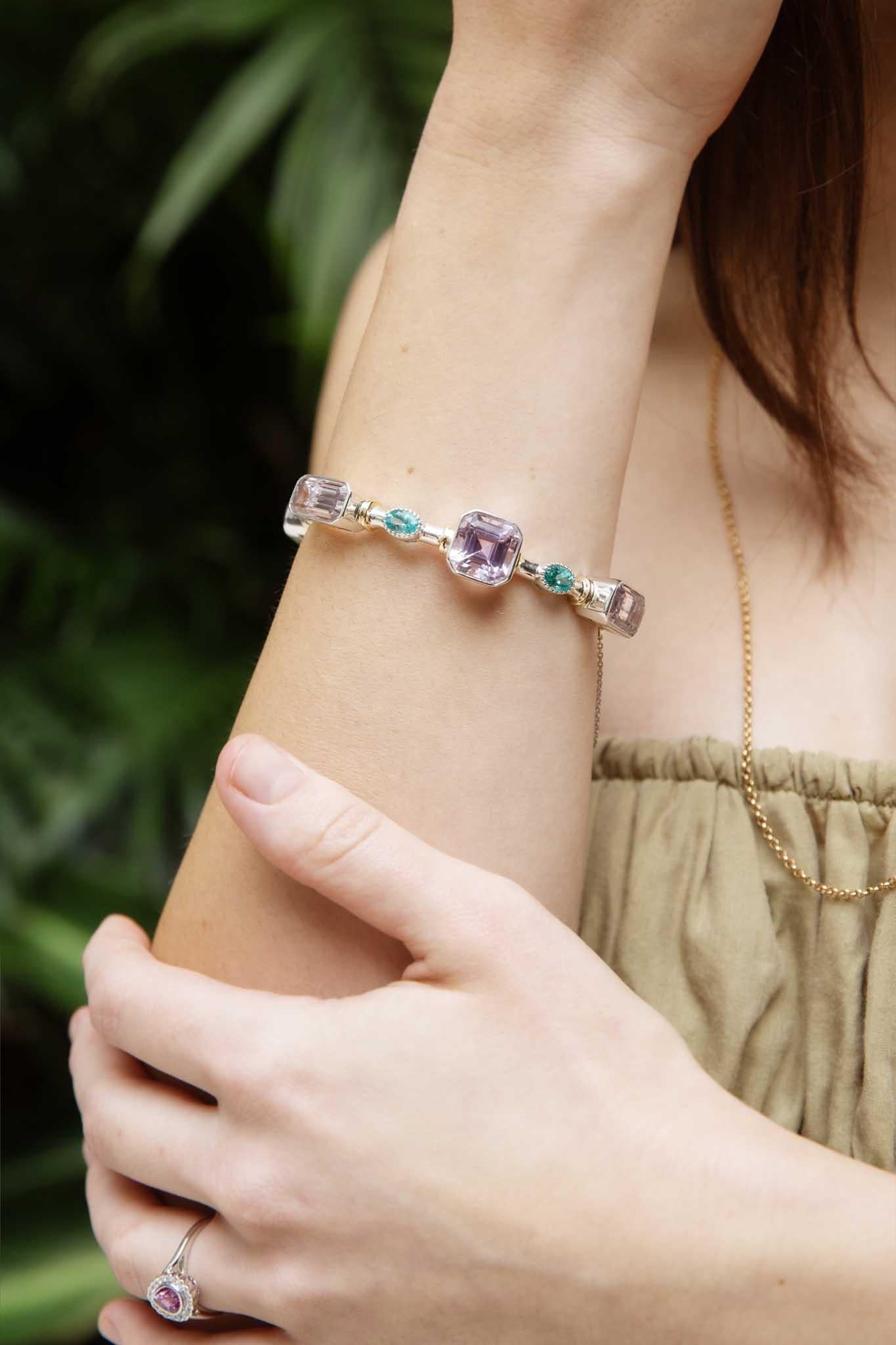 Contemporary Lavender Kunzite & Aqua Apatite Bangle Sterling Silver For Sale 1