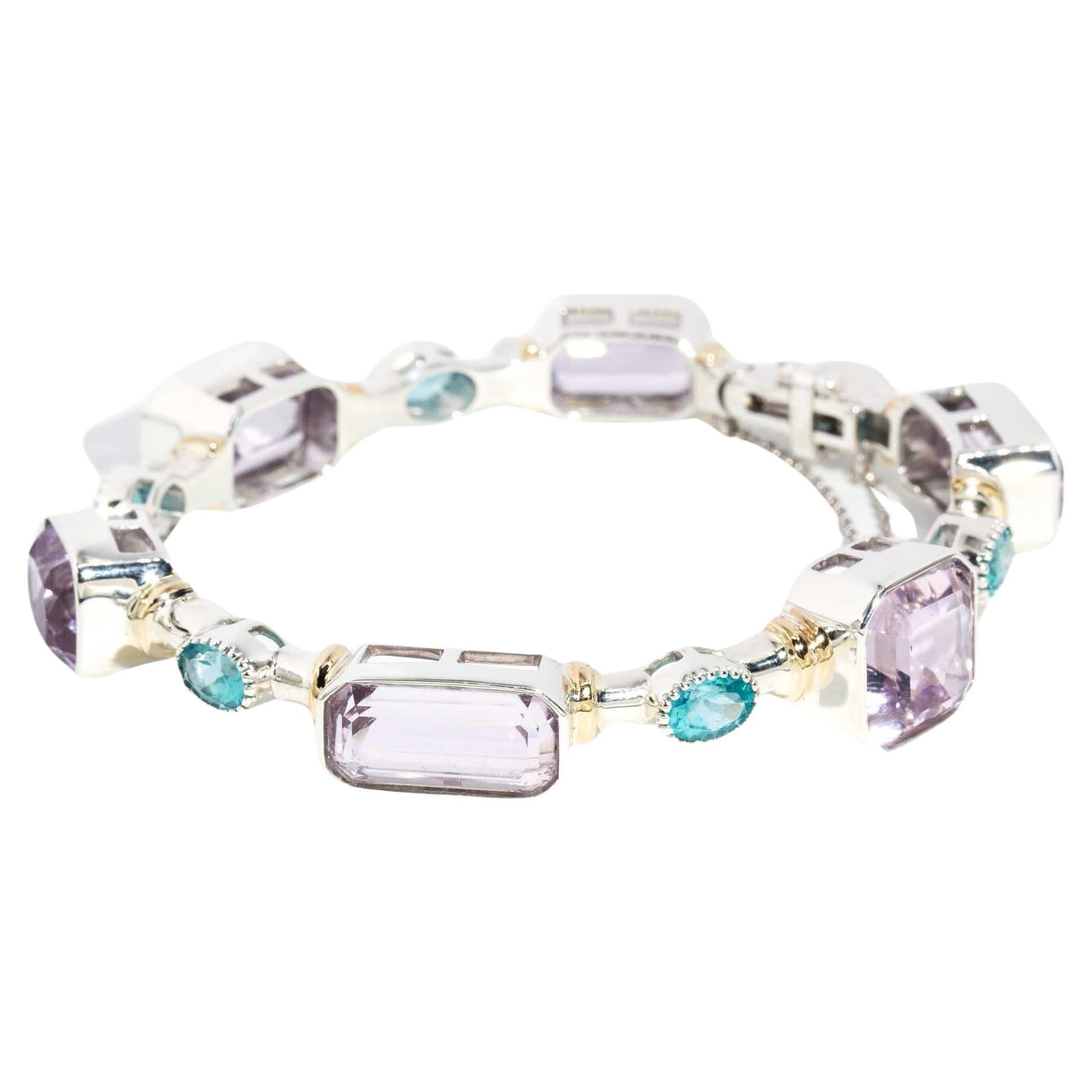 Contemporary Lavender Kunzite & Aqua Apatite Bangle Sterling Silver For Sale