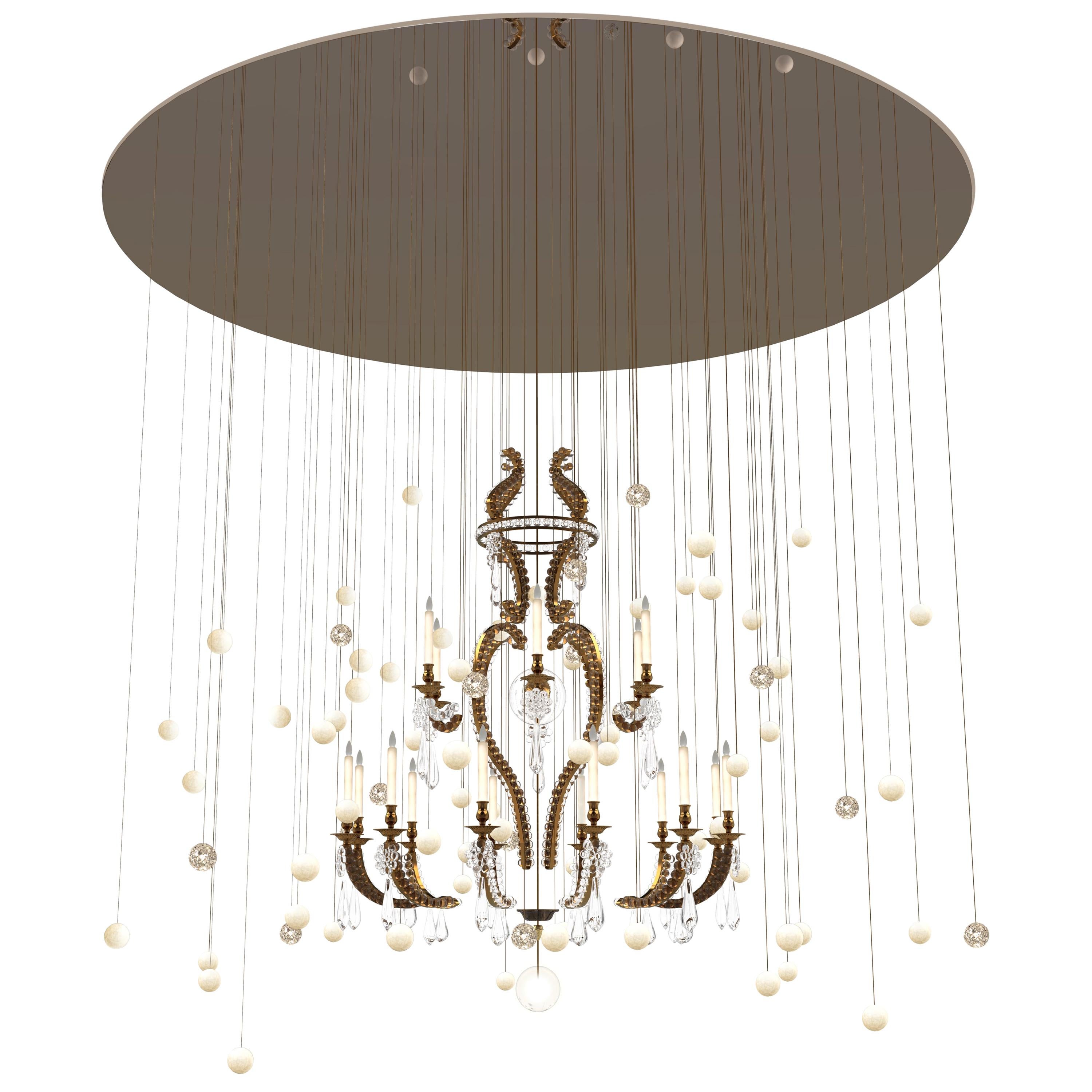 Contemporary ‘Le Merveilleux Bronze’ Chandelier in Bronze, Rock Cristal, Glass For Sale