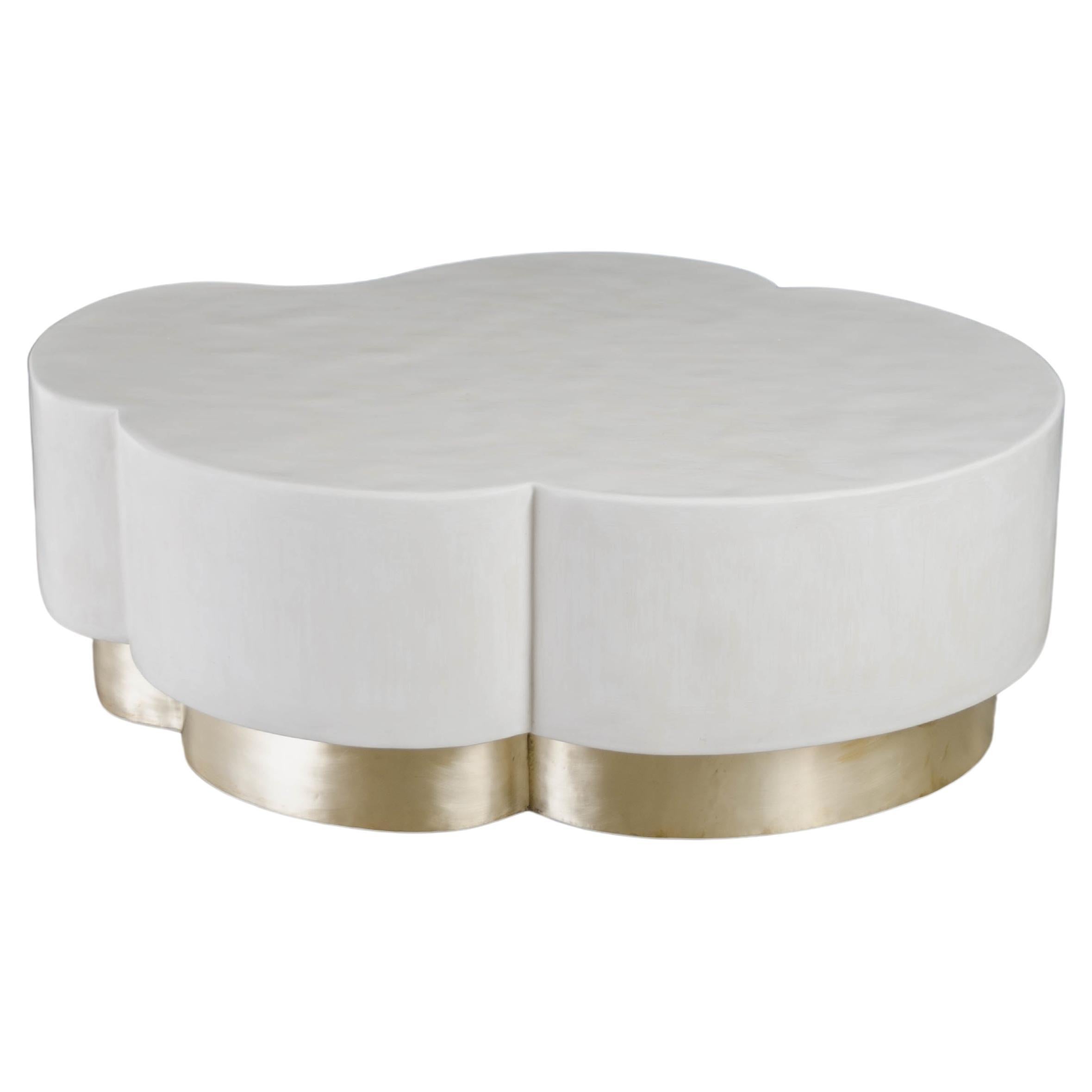Contemporary Leaf Design Cocktail Table in Cream Lacquer w/ Brass by Robert Kuo