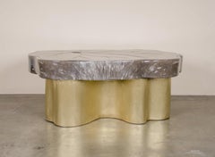 Contemporary Leaf Design Cocktail Table in Smoke Crystal and Brass by Robert Kuo