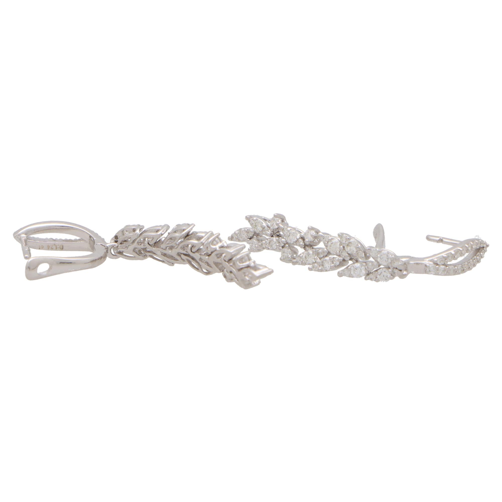 Modern  Contemporary Leaf Diamond Drop Earrings Set in 18k White Gold