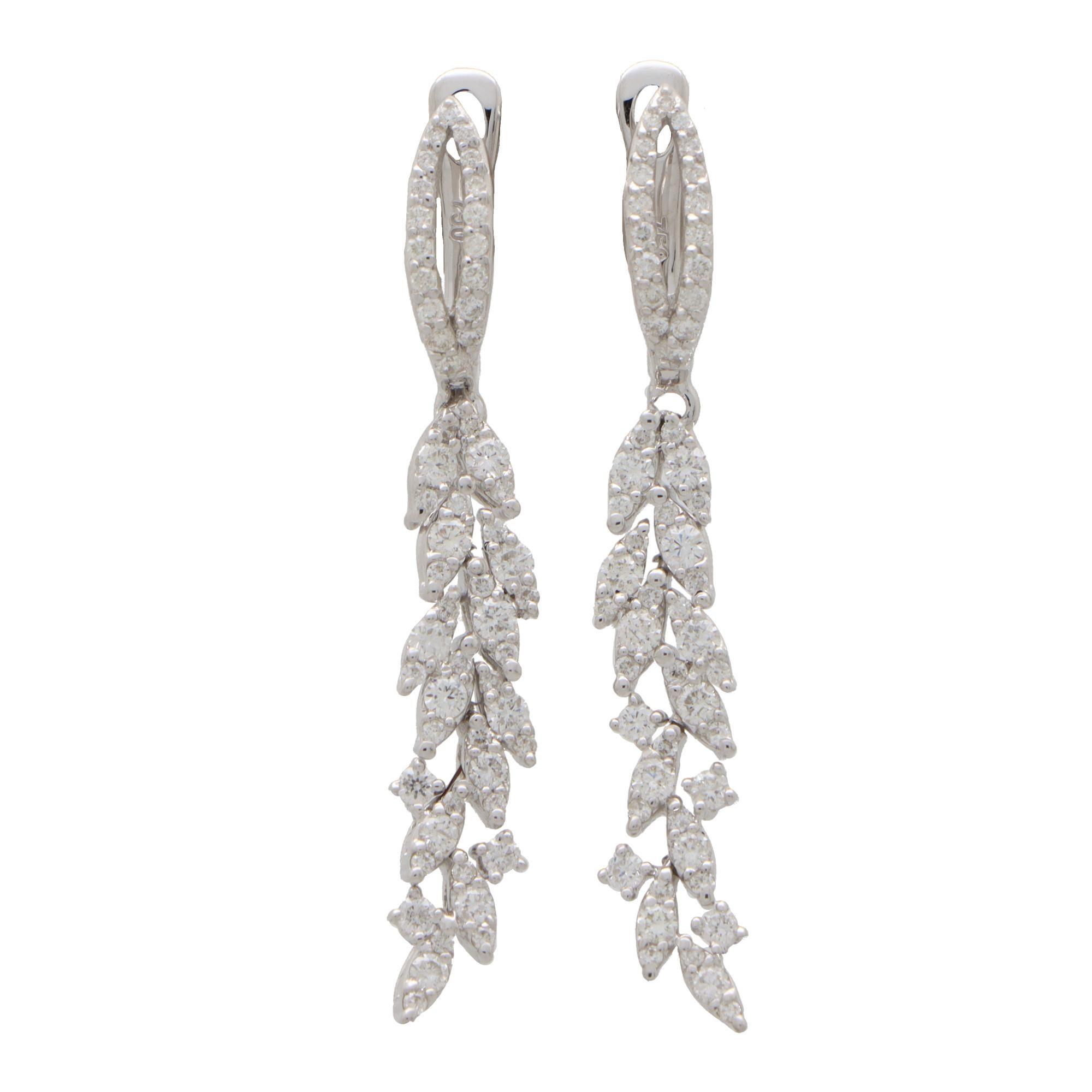 Round Cut  Contemporary Leaf Diamond Drop Earrings Set in 18k White Gold