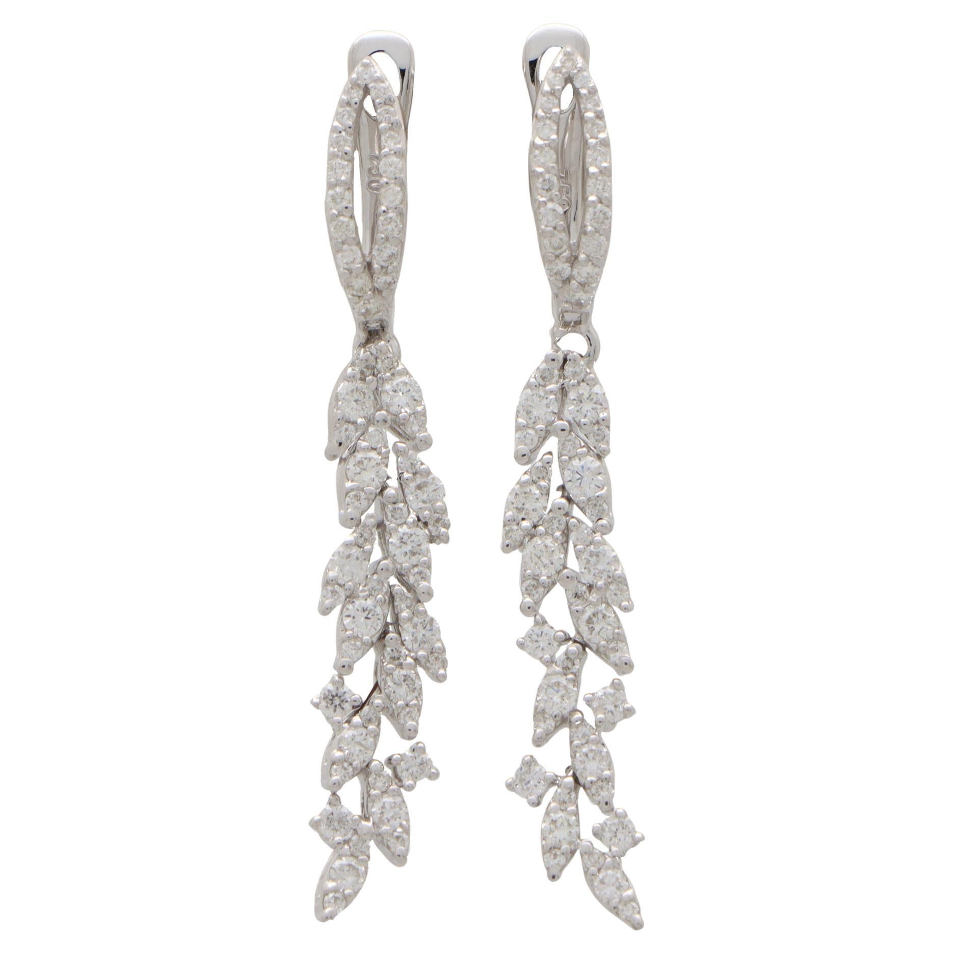  Contemporary Leaf Diamond Drop Earrings Set in 18k White Gold