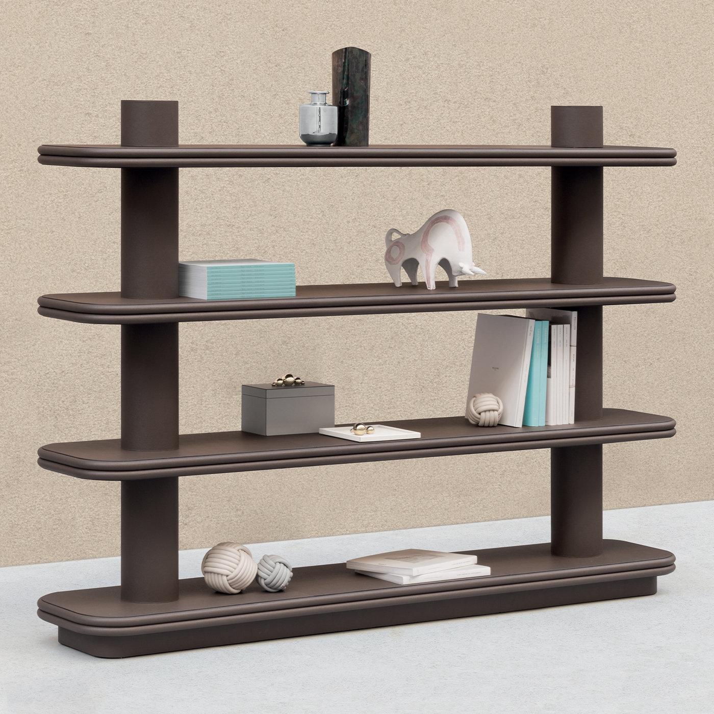 Leather bookcase by Stephane Parmentier for Giobagnara. 
The object presented in the image has following finish: F09 Brown Nappa Leather

Entirely wrapped in soft brown nappa leather, this sophisticated bookcase is an exercise in balanced volumes