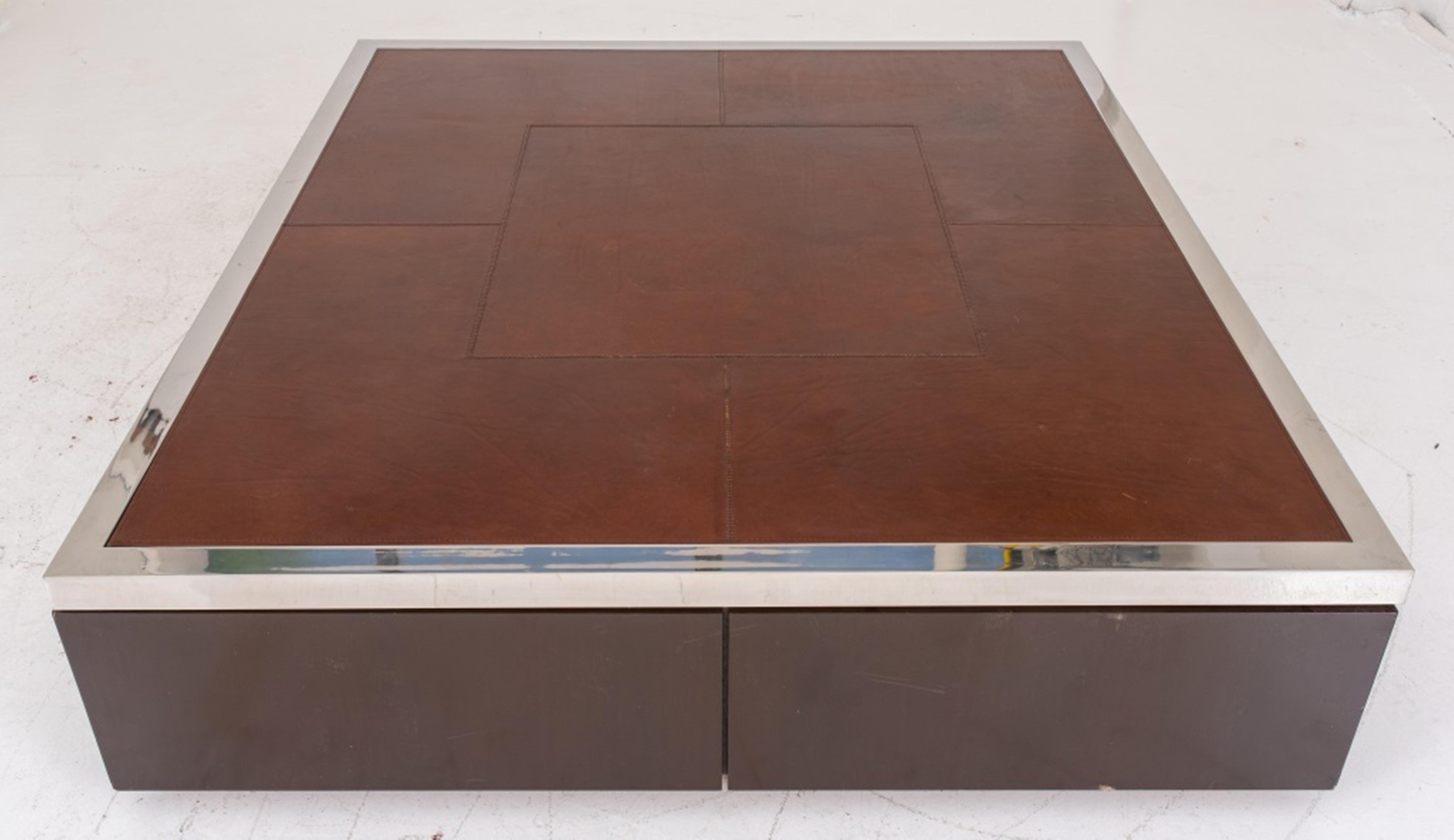 Modern Minimalist Large Leather Chrome and Wood Coffee Table