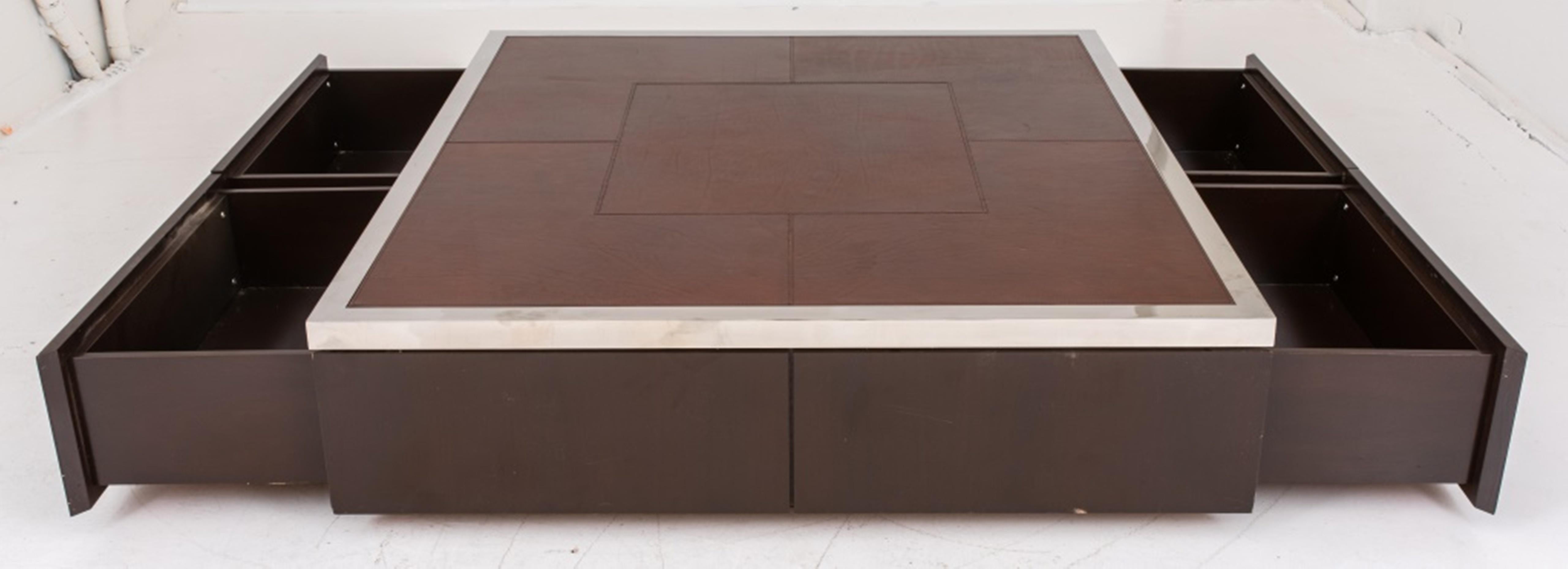 Unknown Minimalist Large Leather Chrome and Wood Coffee Table