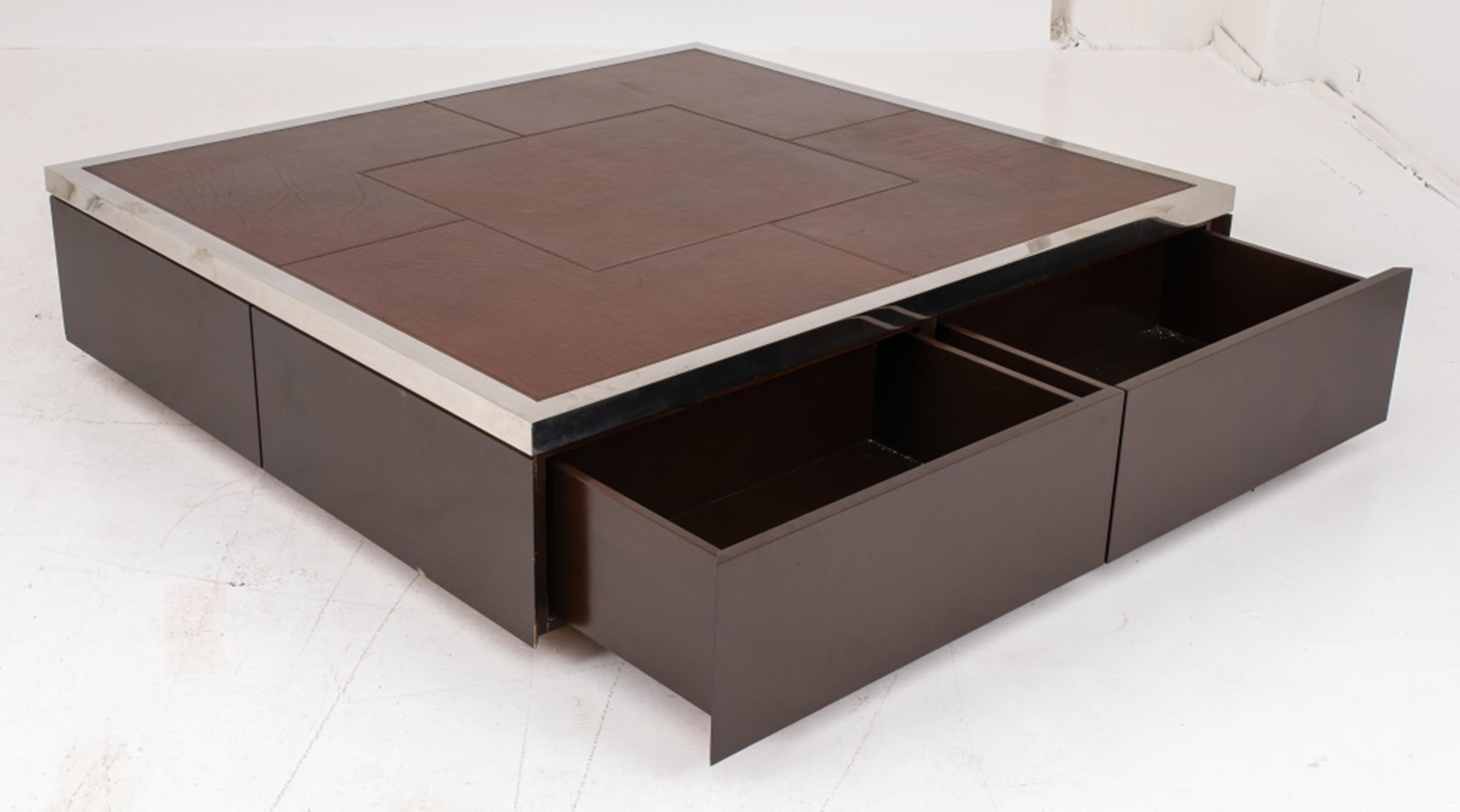 Minimalist Large Leather Chrome and Wood Coffee Table In Good Condition In New York, NY