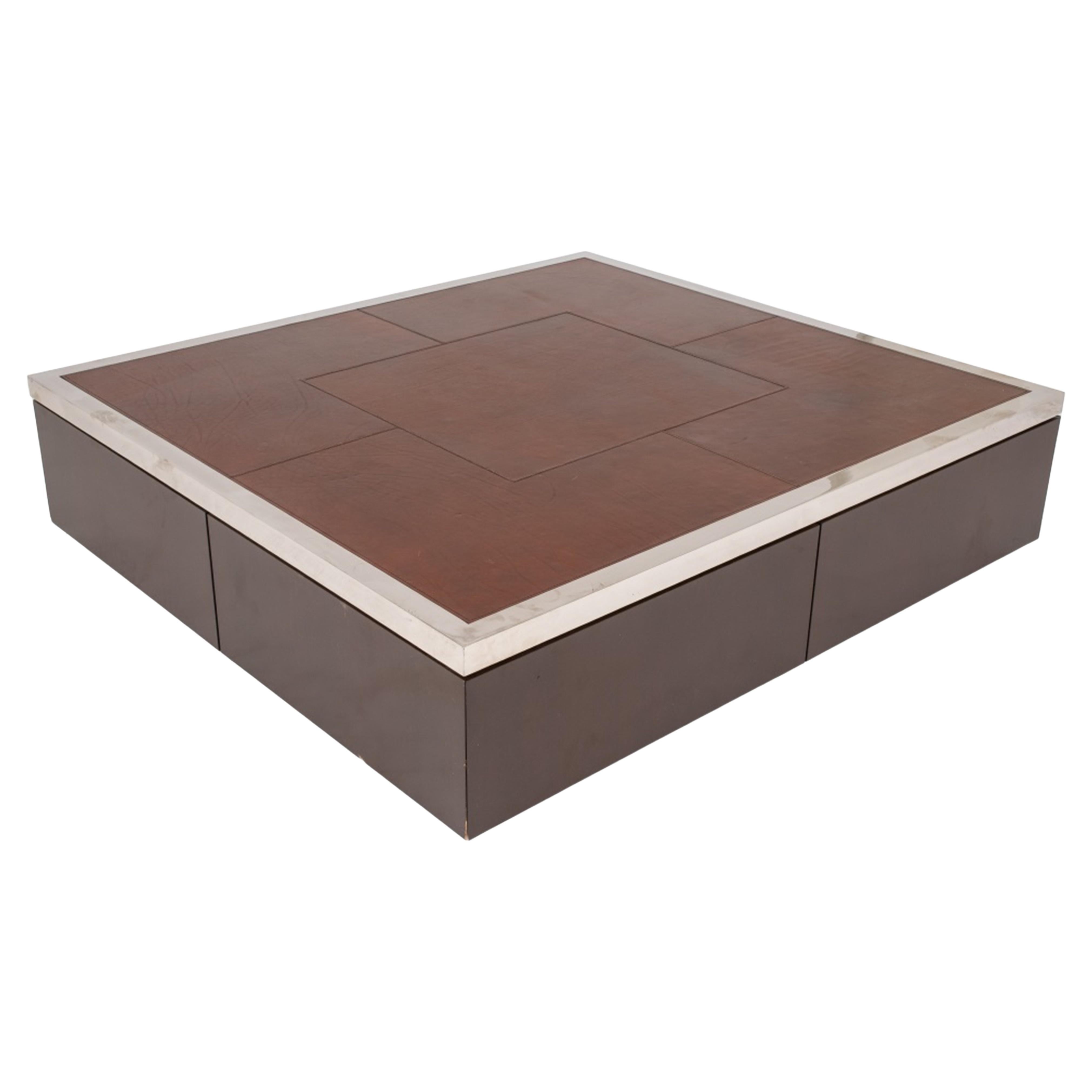 Minimalist Large Leather Chrome and Wood Coffee Table