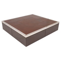 Used Minimalist Large Leather Chrome and Wood Coffee Table