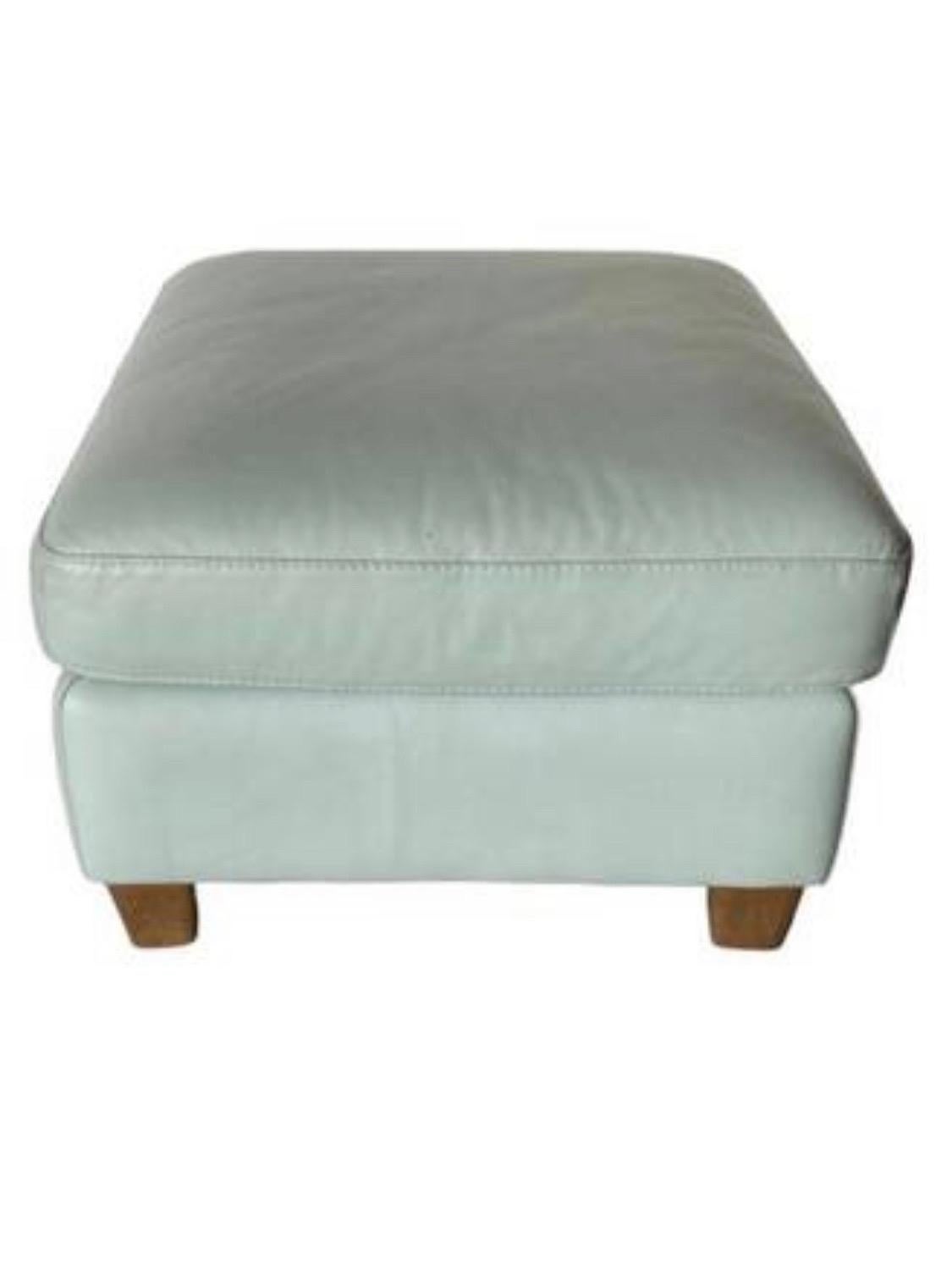 Beautiful leather contemporary square ottoman. Soft leather in seafoam green/teal hue. Solid wood legs. No tears or cracking. In great shape and large enough to comfortably sit on.
24”x24”x17” tall.