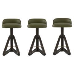 Contemporary Leather & Wood Stool with Sculptural Base, Mondo Design Studio