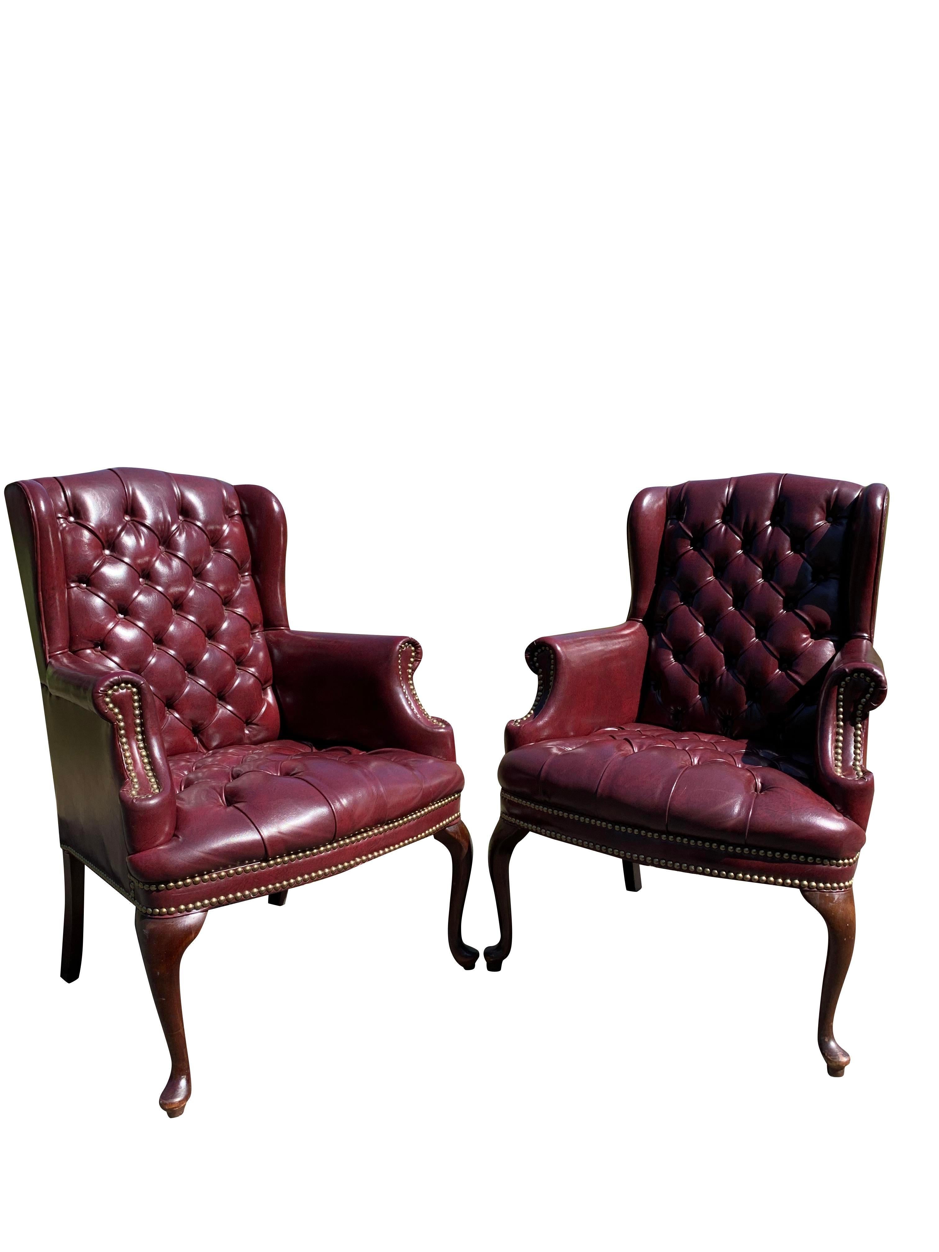 Contemporary Leatherette Vegan Tufted Chesterfield Wingback Chairs in Red a Pair 6