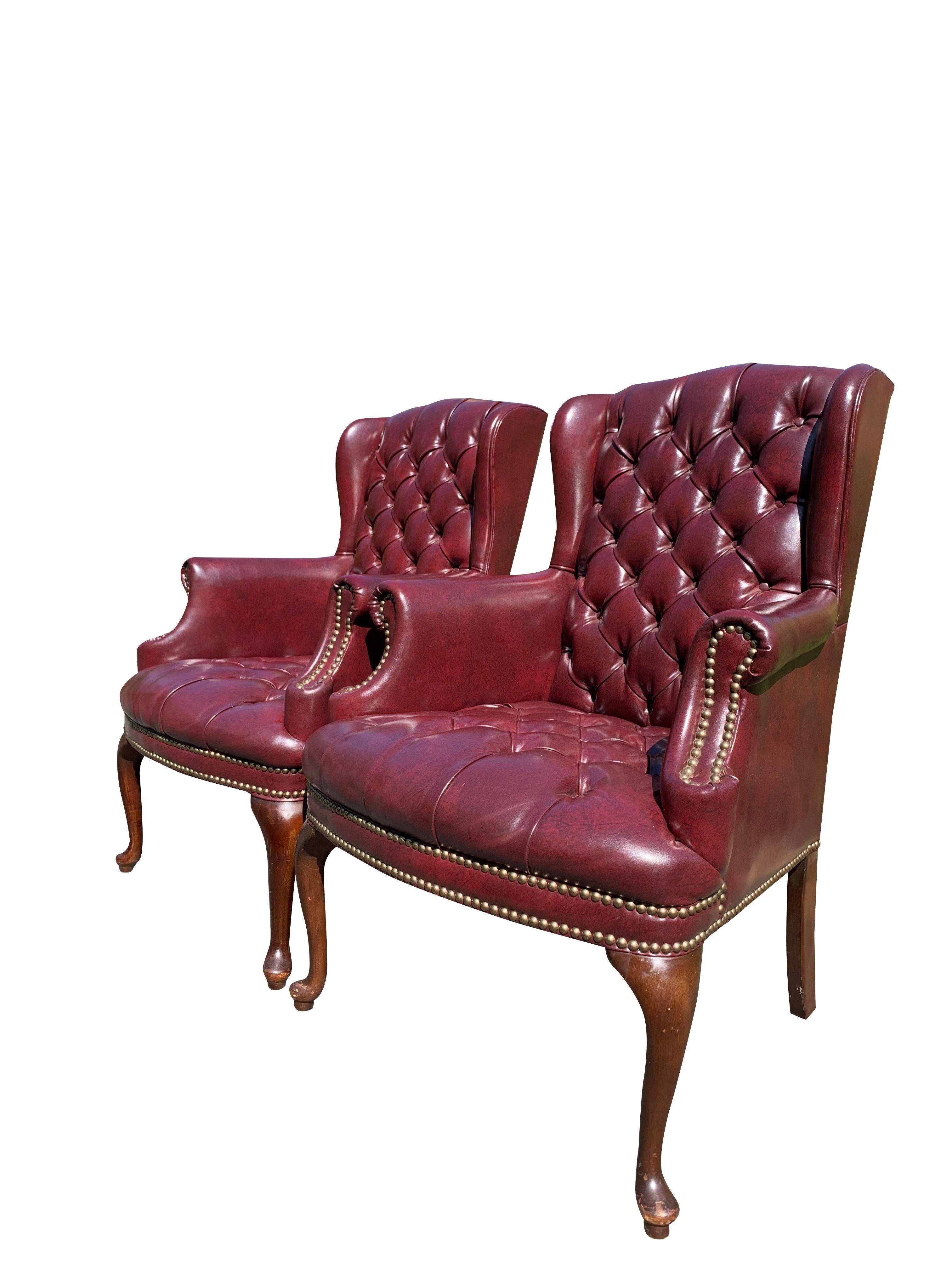 Contemporary Leatherette Vegan Tufted Chesterfield Wingback Chairs in Red a Pair In Good Condition In Saddle River, NJ