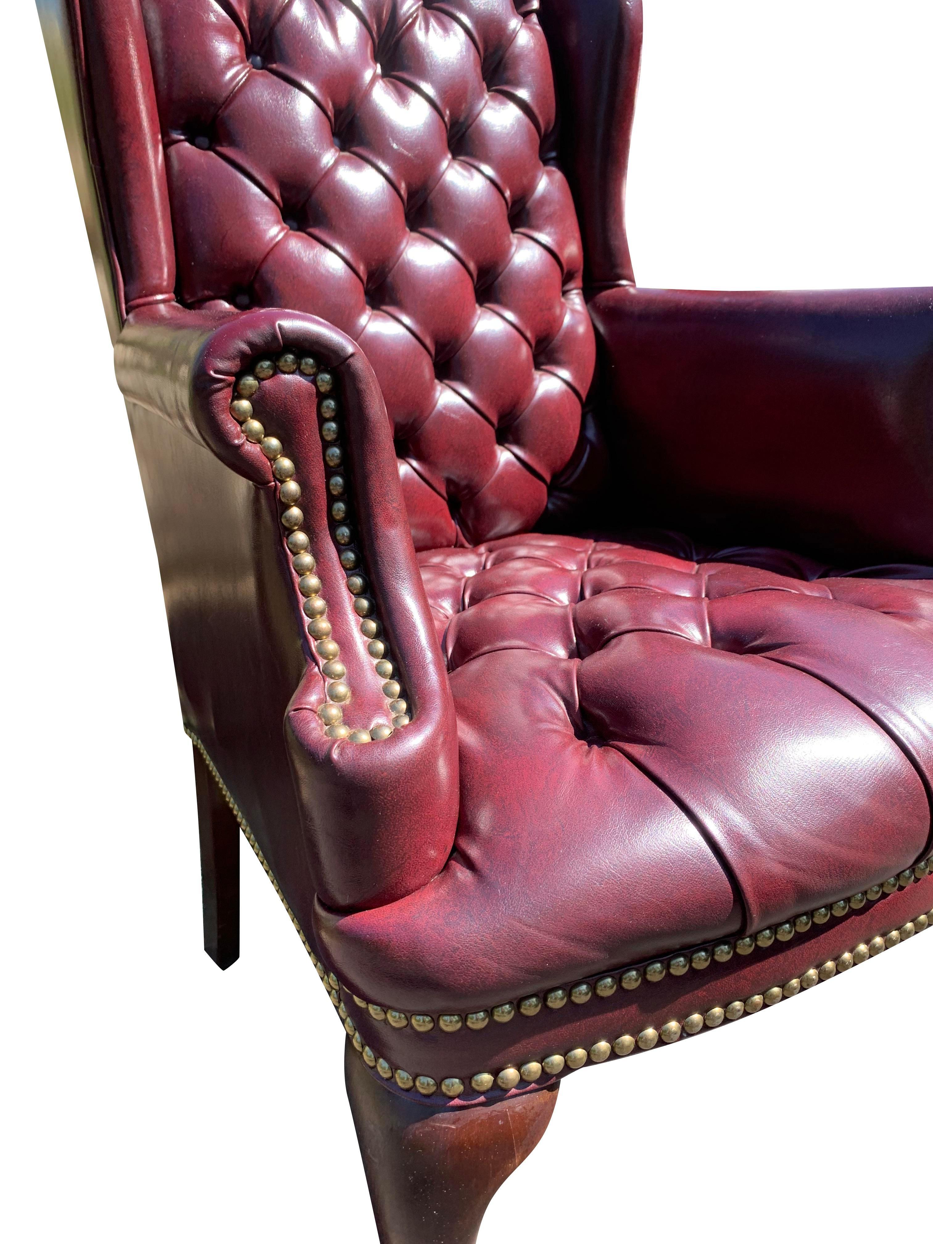 Contemporary Leatherette Vegan Tufted Chesterfield Wingback Chairs in Red a Pair 1