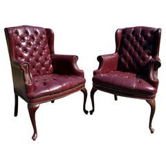 Contemporary Leatherette Vegan Tufted Chesterfield Wingback Chairs in Red a Pair