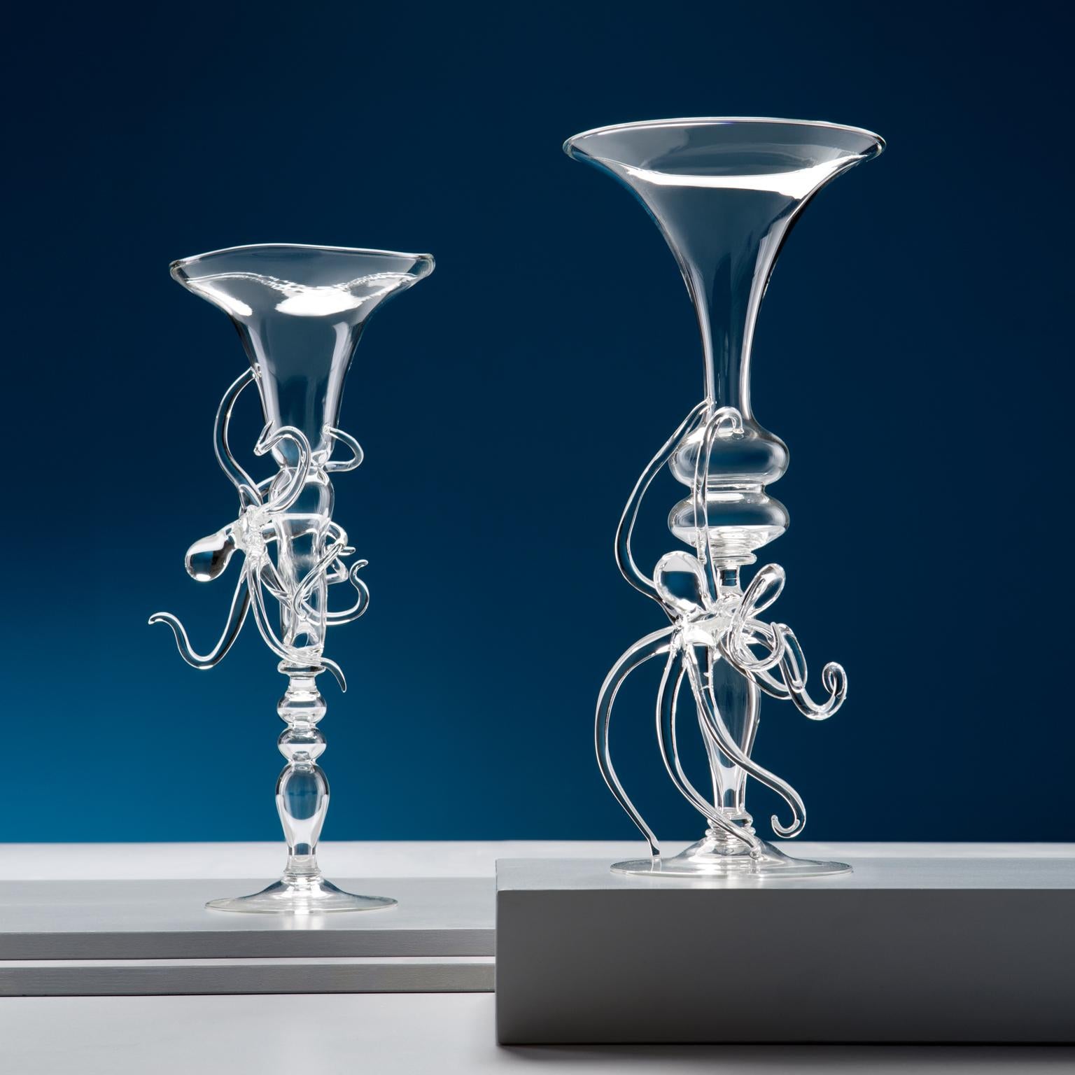 Italian Contemporary Leggerezza Octopus Transparent Hand-Blown Glasses Full Set Crestani For Sale