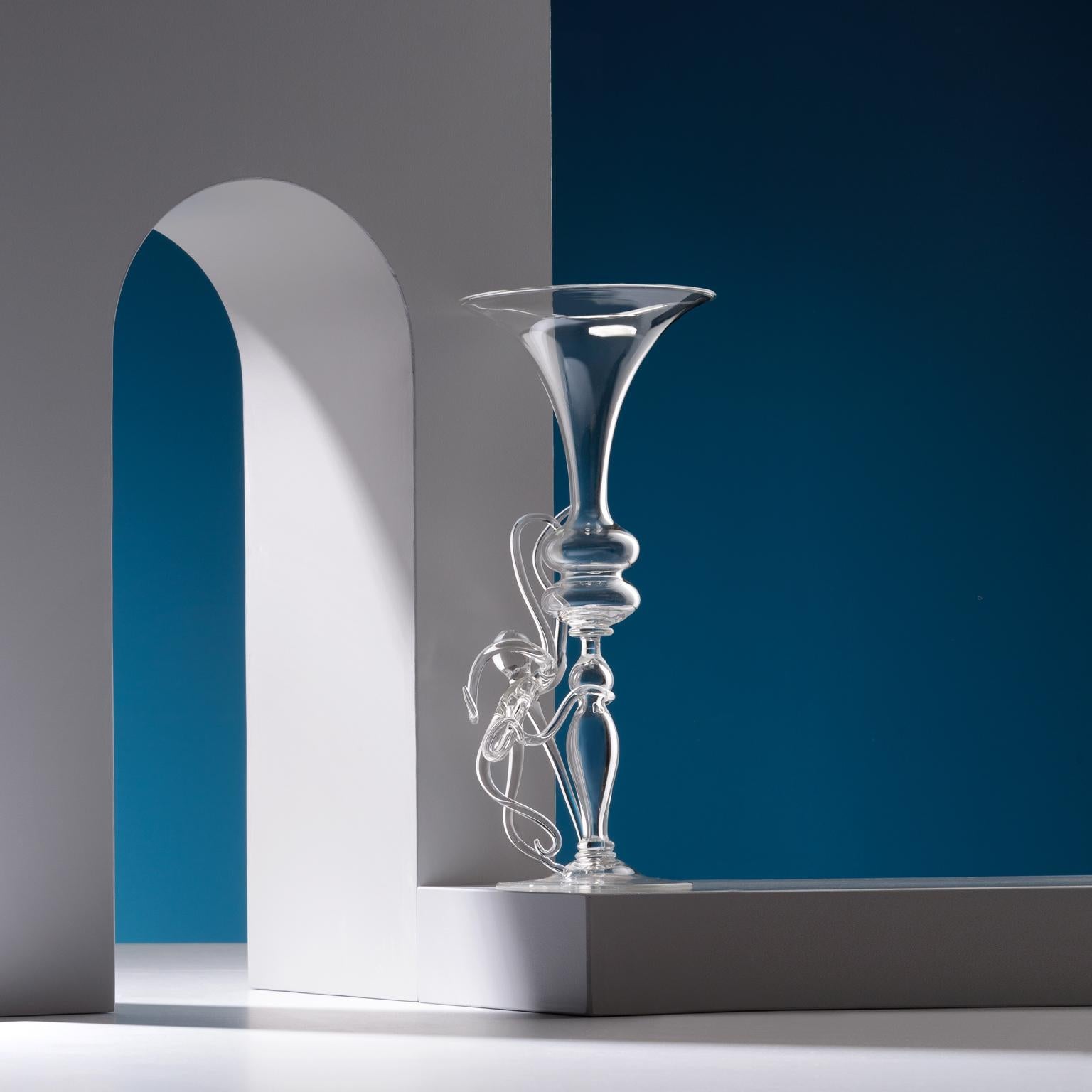 Hand-Crafted Contemporary Leggerezza Octopus Transparent Hand-Blown Glasses Full Set Crestani For Sale