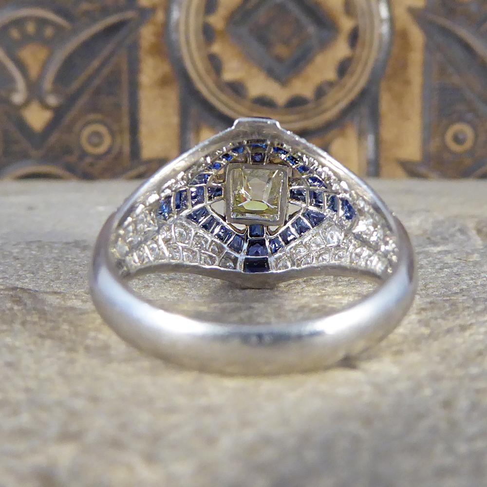 Contemporary Lemon Tinted Diamond and French Cut Sapphire Cross Ring in Platinum In Good Condition In Yorkshire, West Yorkshire