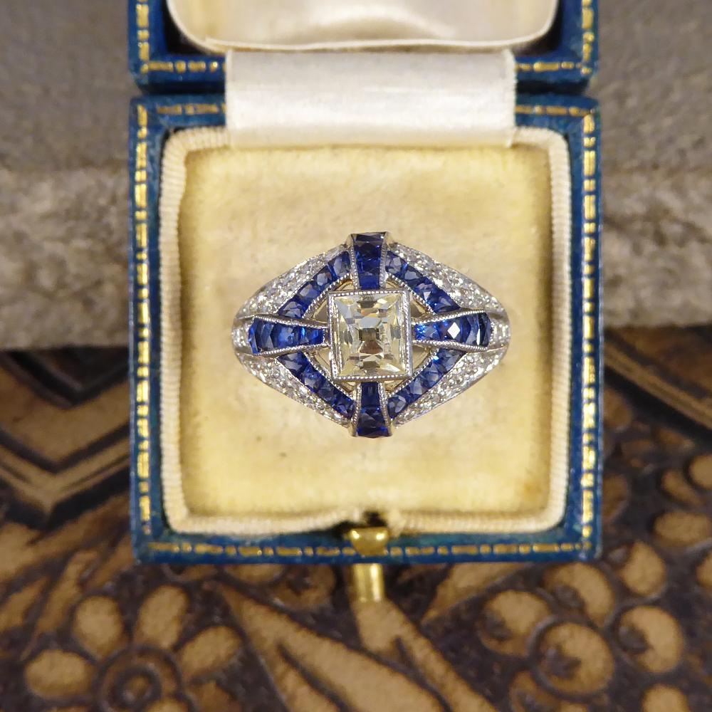 Contemporary Lemon Tinted Diamond and French Cut Sapphire Cross Ring in Platinum 3