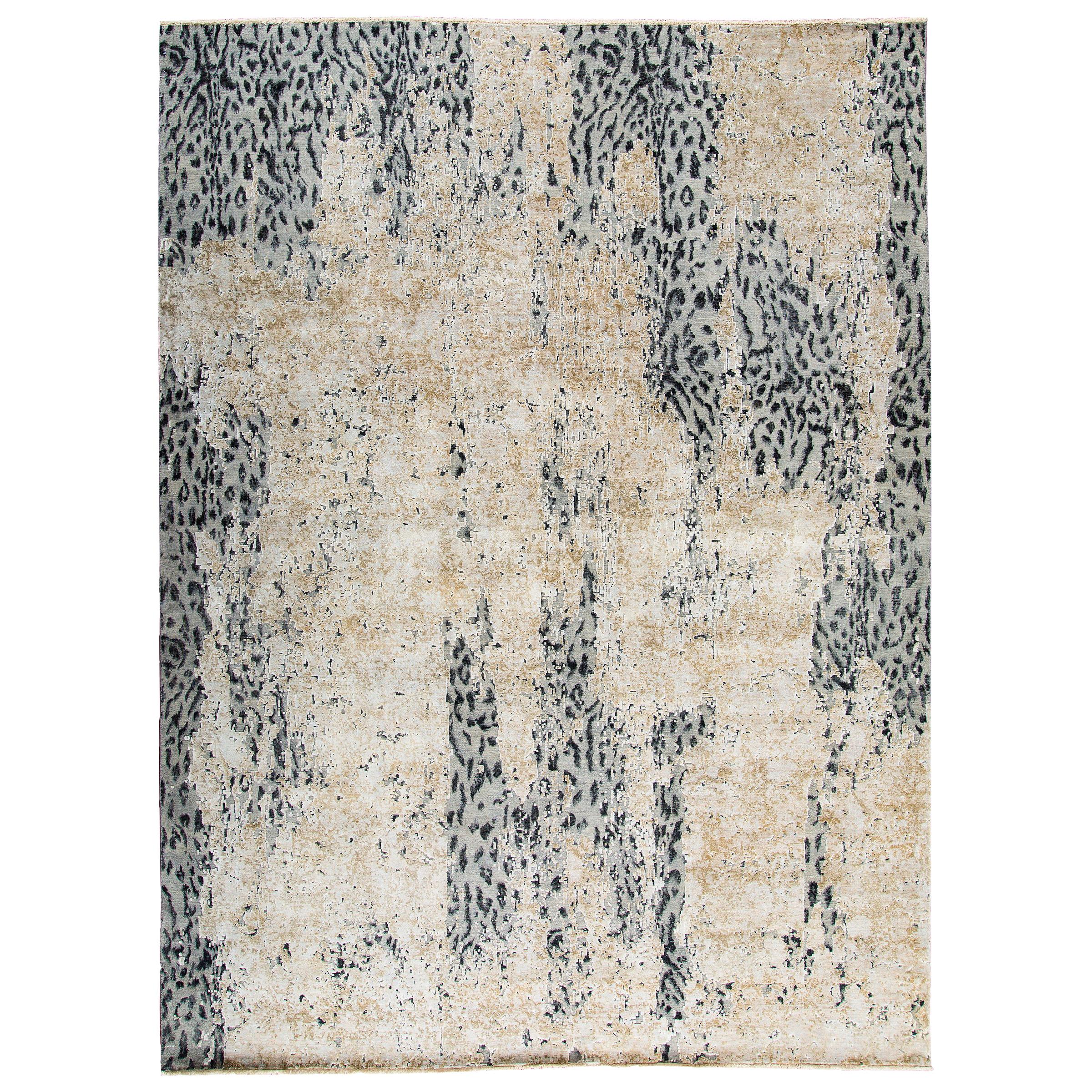 Contemporary Leopard Wool and Silk Hand-Knotted Indian Rug in Gray and Creme