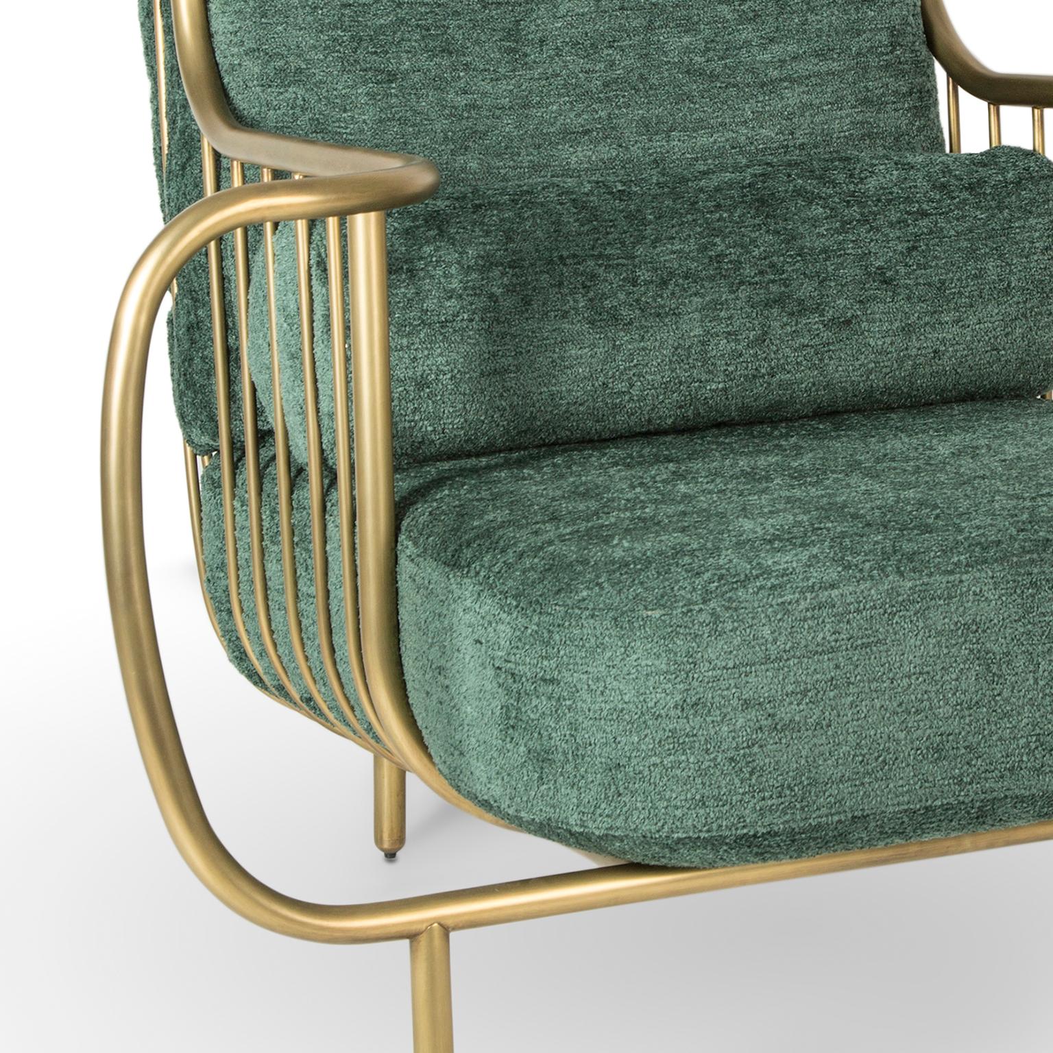 Brushed Contemporary Liberty Armchair High Back in Aged Brass and Green Bouclé Cushions For Sale