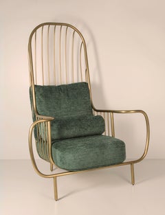 Contemporary Liberty Armchair High Back in Aged Brass and Green Bouclé Cushions
