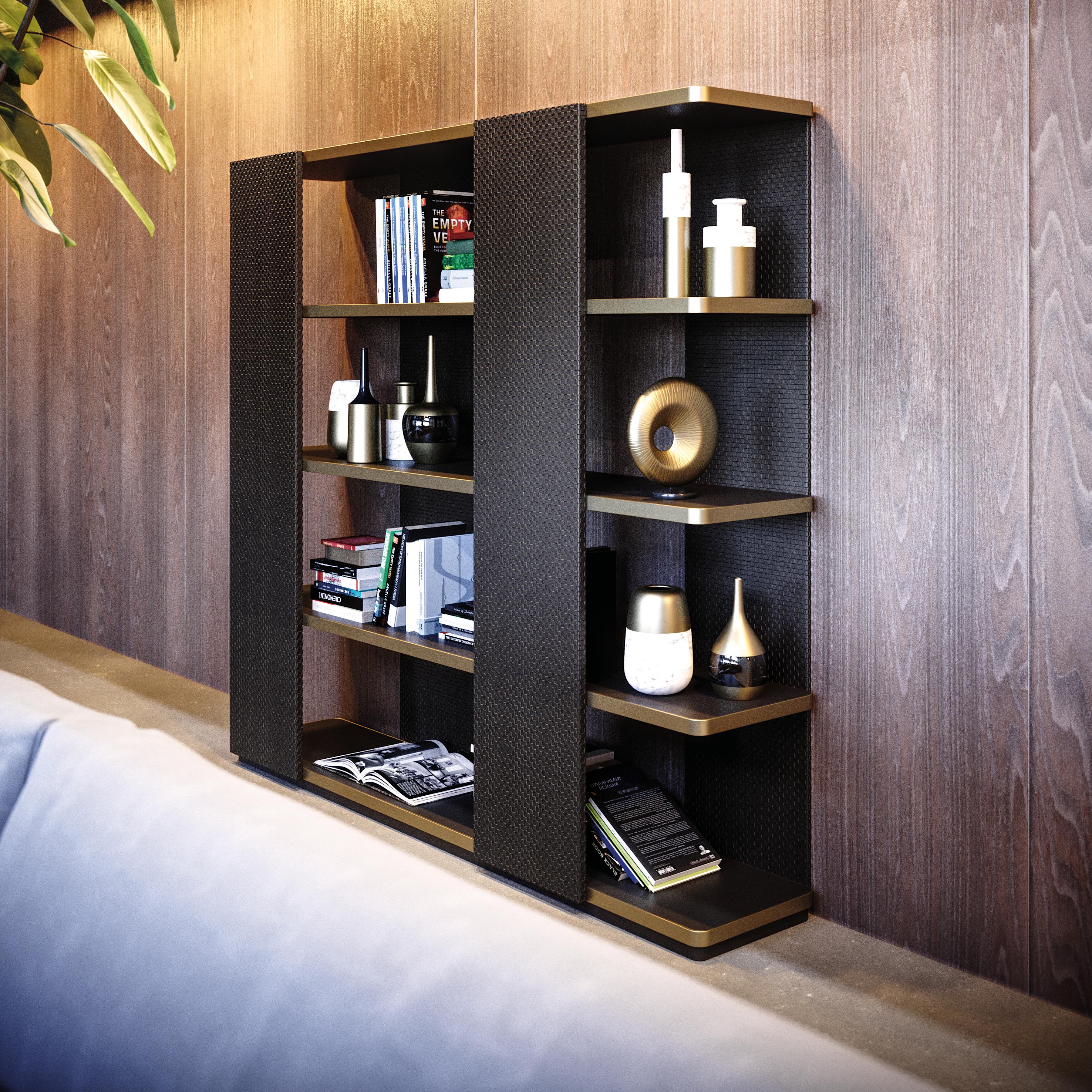 Contemporary Book Shelf, black Lacquered Shelves, Crossed Leather