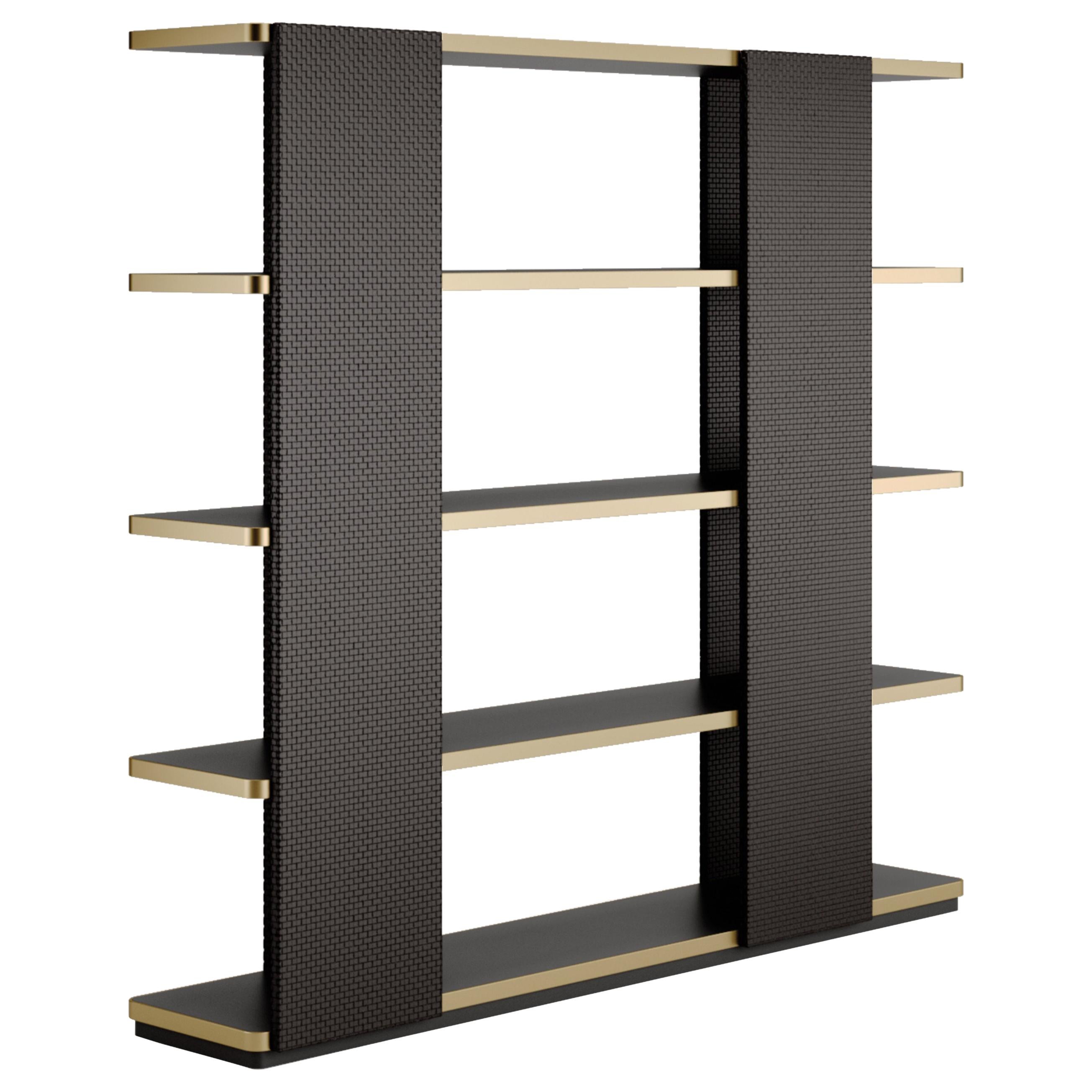 Contemporary Book Shelf, black Lacquered Shelves, Crossed Leather Details For Sale